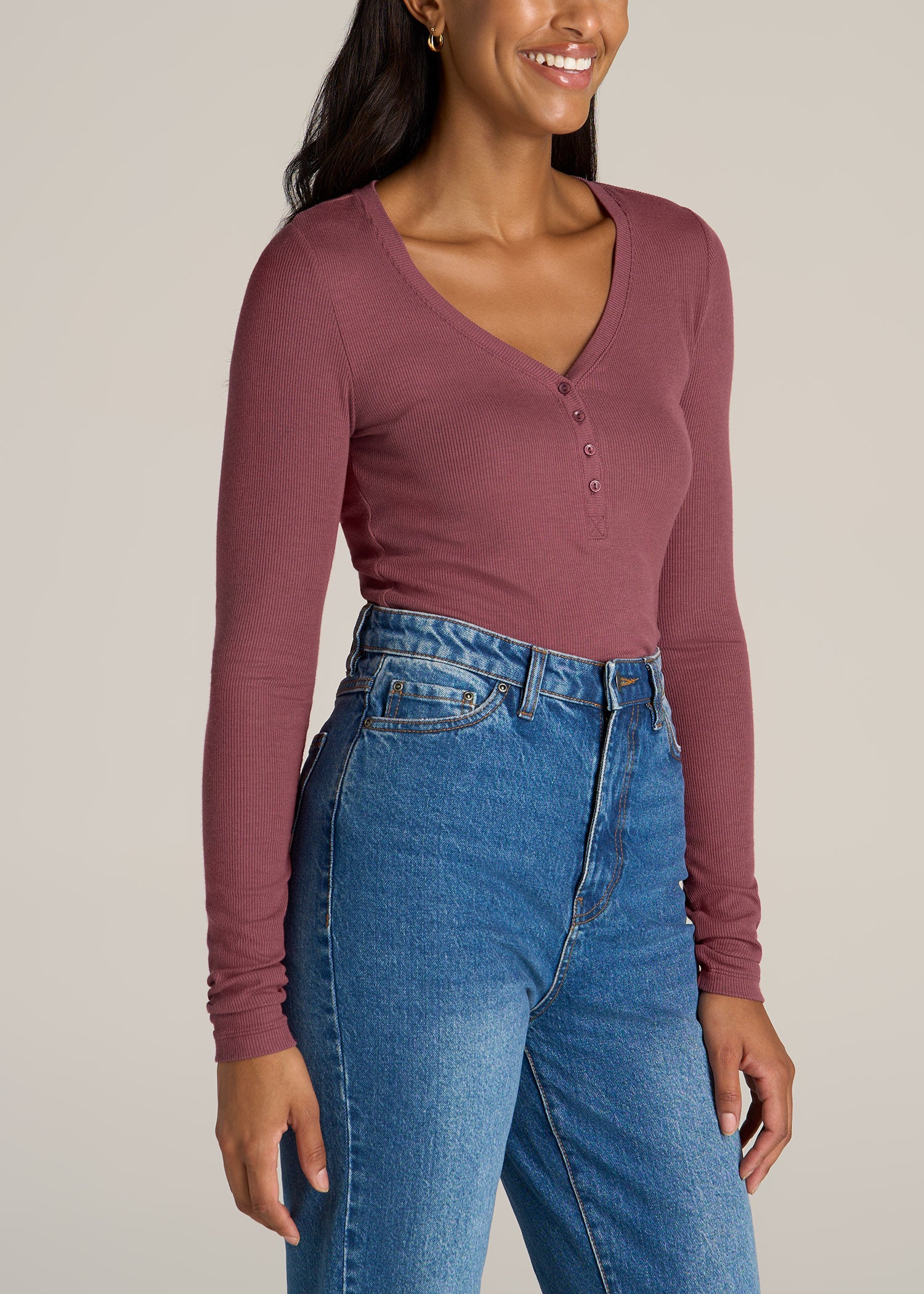 American-Tall-Women-Long-Sleeve-Ribbed-V-Neck-Henley-Astrodust-side