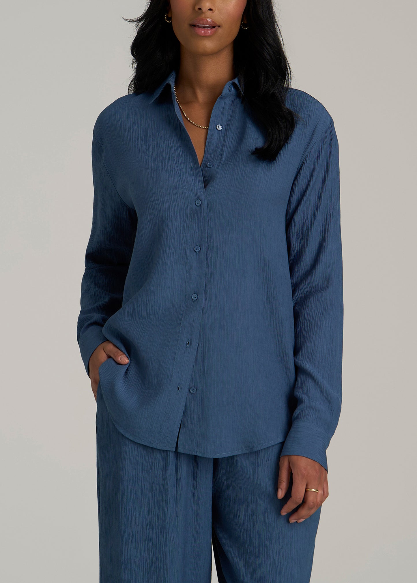 Long Sleeve Crinkle Tall Women's Blouse in Flag Blue