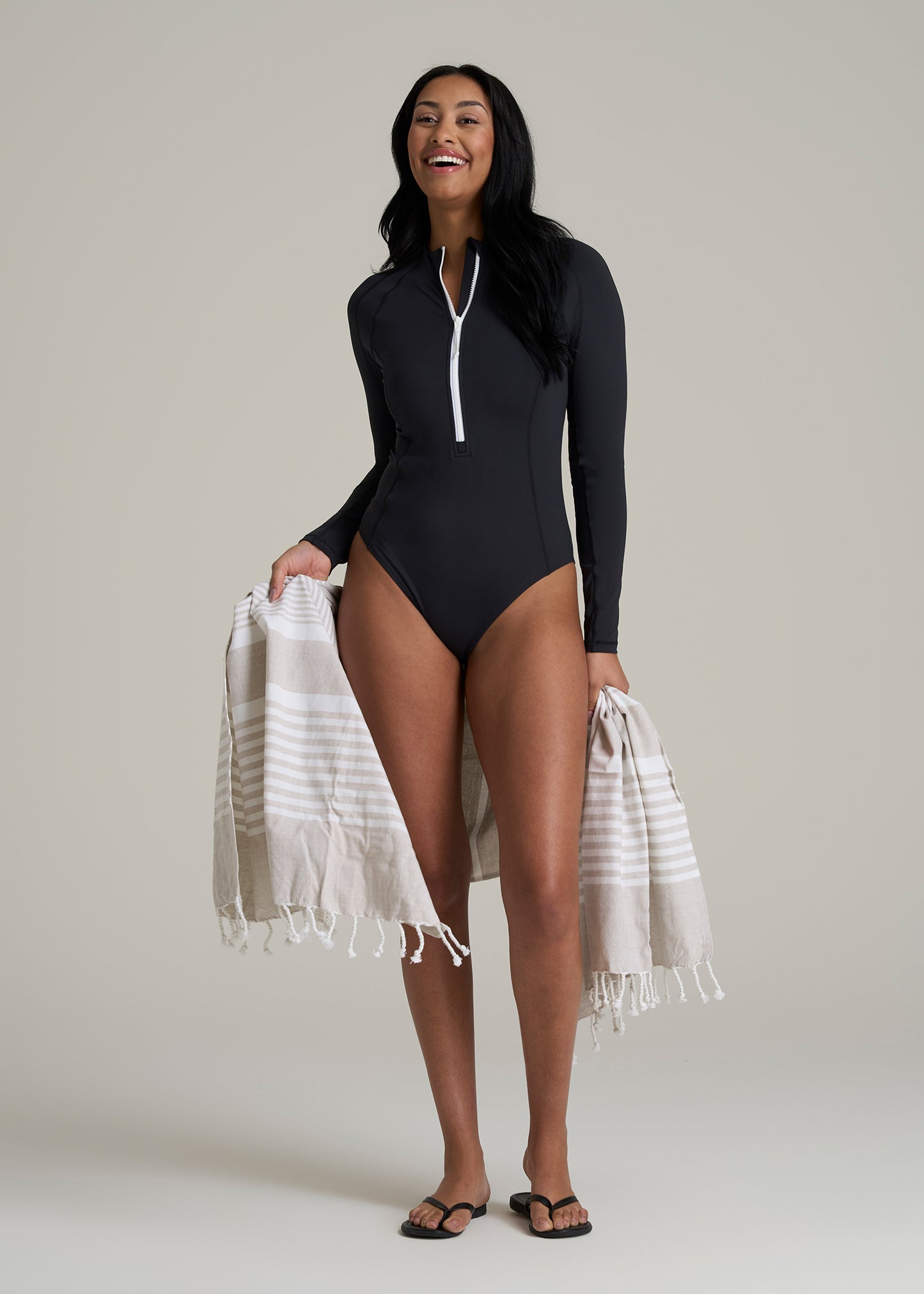 Long Sleeve UPF 50 One Piece Swimsuit for Tall Women in Black