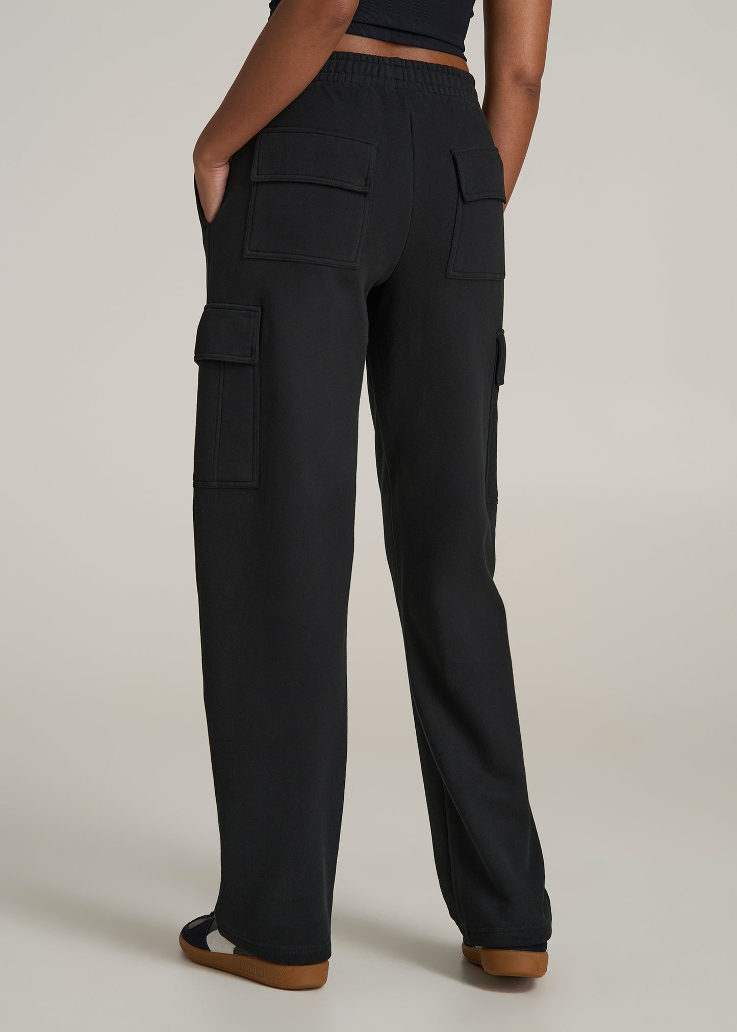 Mid Rise Cargo Fleece Sweatpants for Tall Women in Black