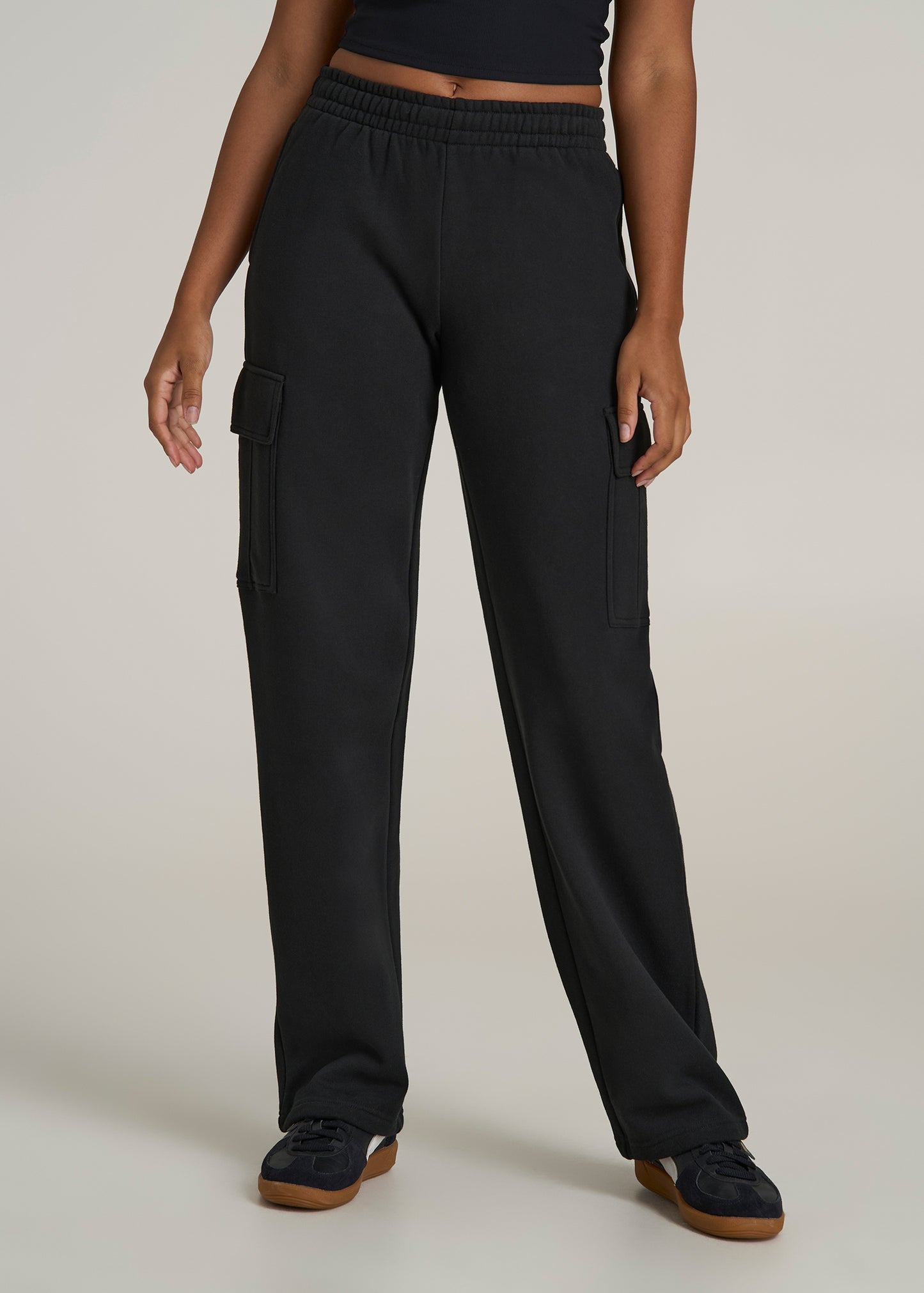 Mid Rise Cargo Fleece Sweatpants for Tall Women in Black