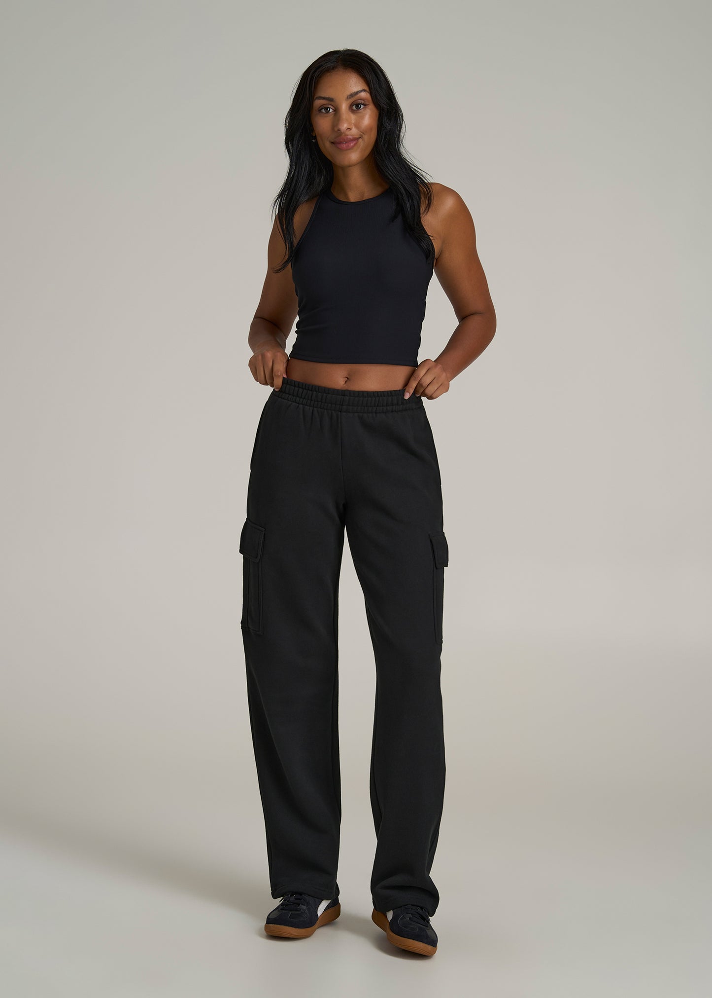 Mid Rise Cargo Fleece Sweatpants for Tall Women in Black