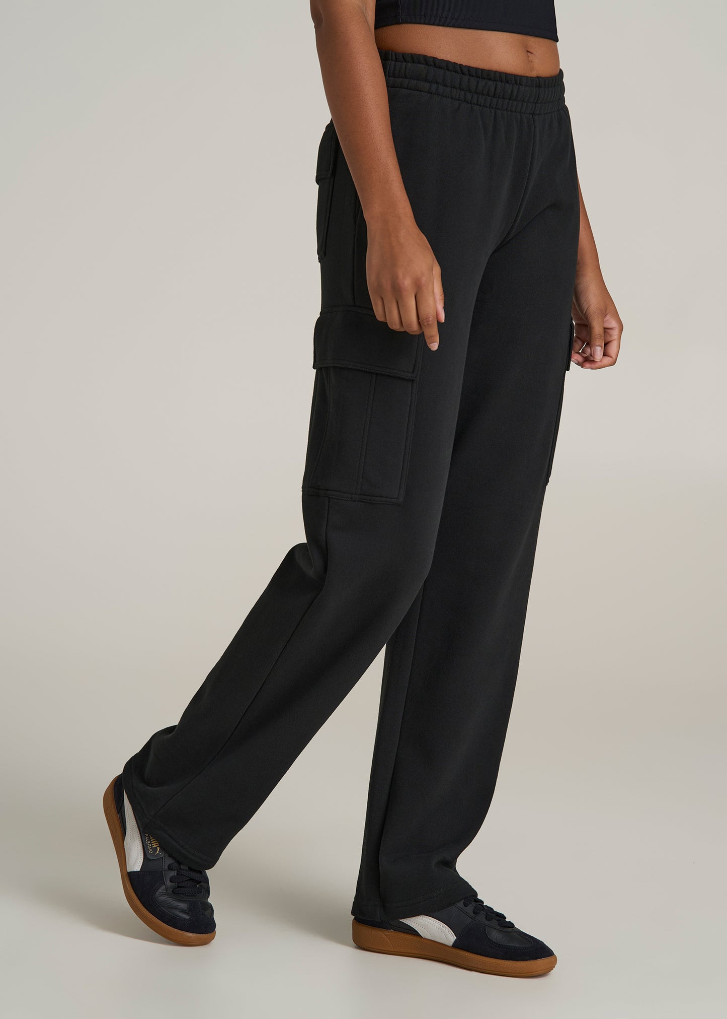 Mid Rise Cargo Fleece Sweatpants for Tall Women in Black