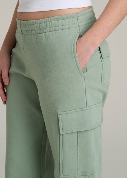 Mid Rise Cargo Fleece Sweatpants for Tall Women in Seagrass