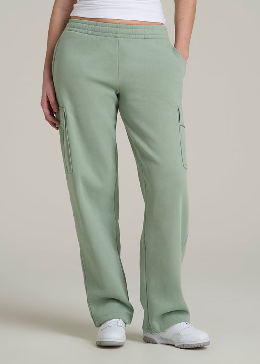 Mid Rise Cargo Fleece Sweatpants for Tall Women in Seagrass