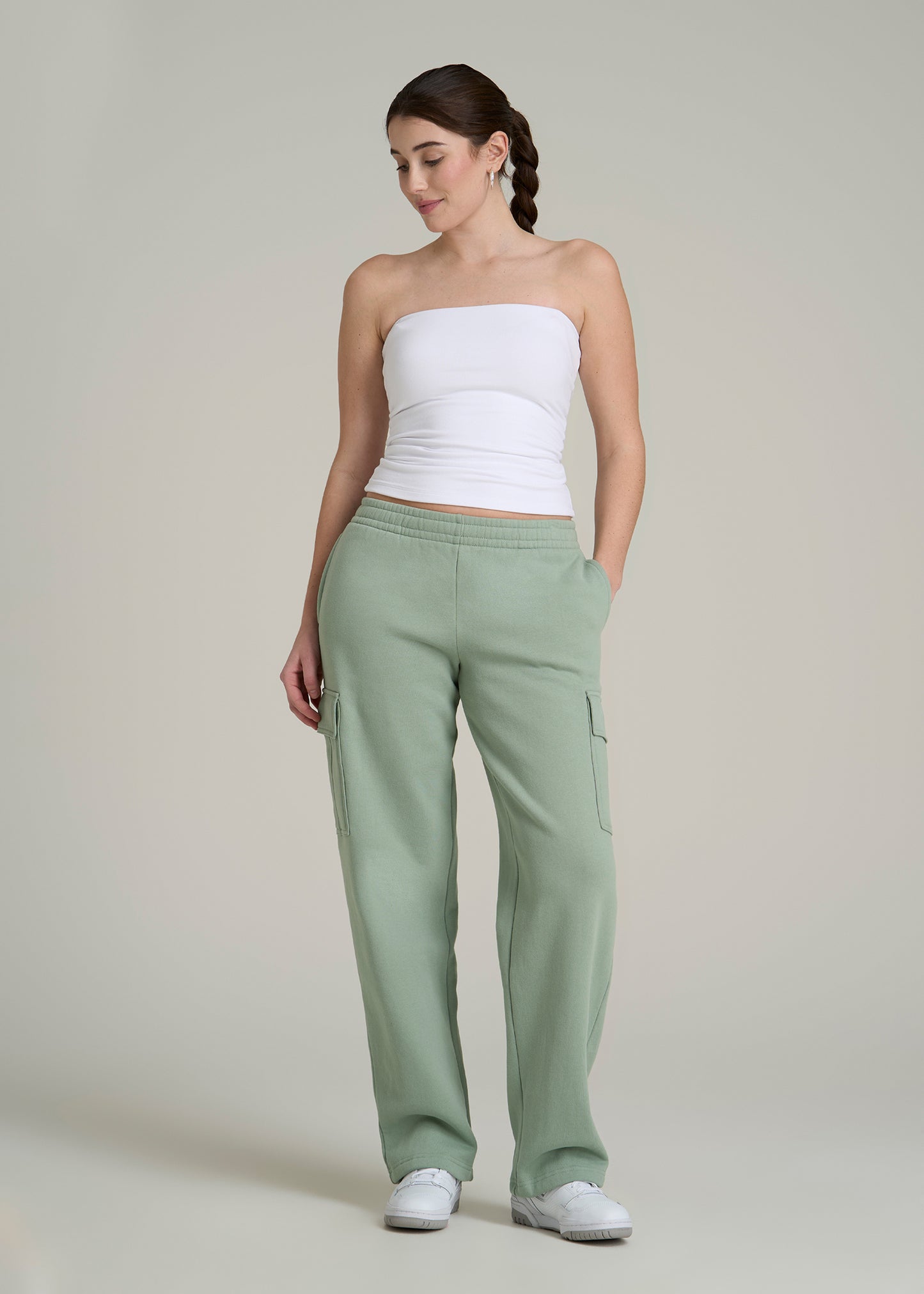 Mid Rise Cargo Fleece Sweatpants for Tall Women in Seagrass