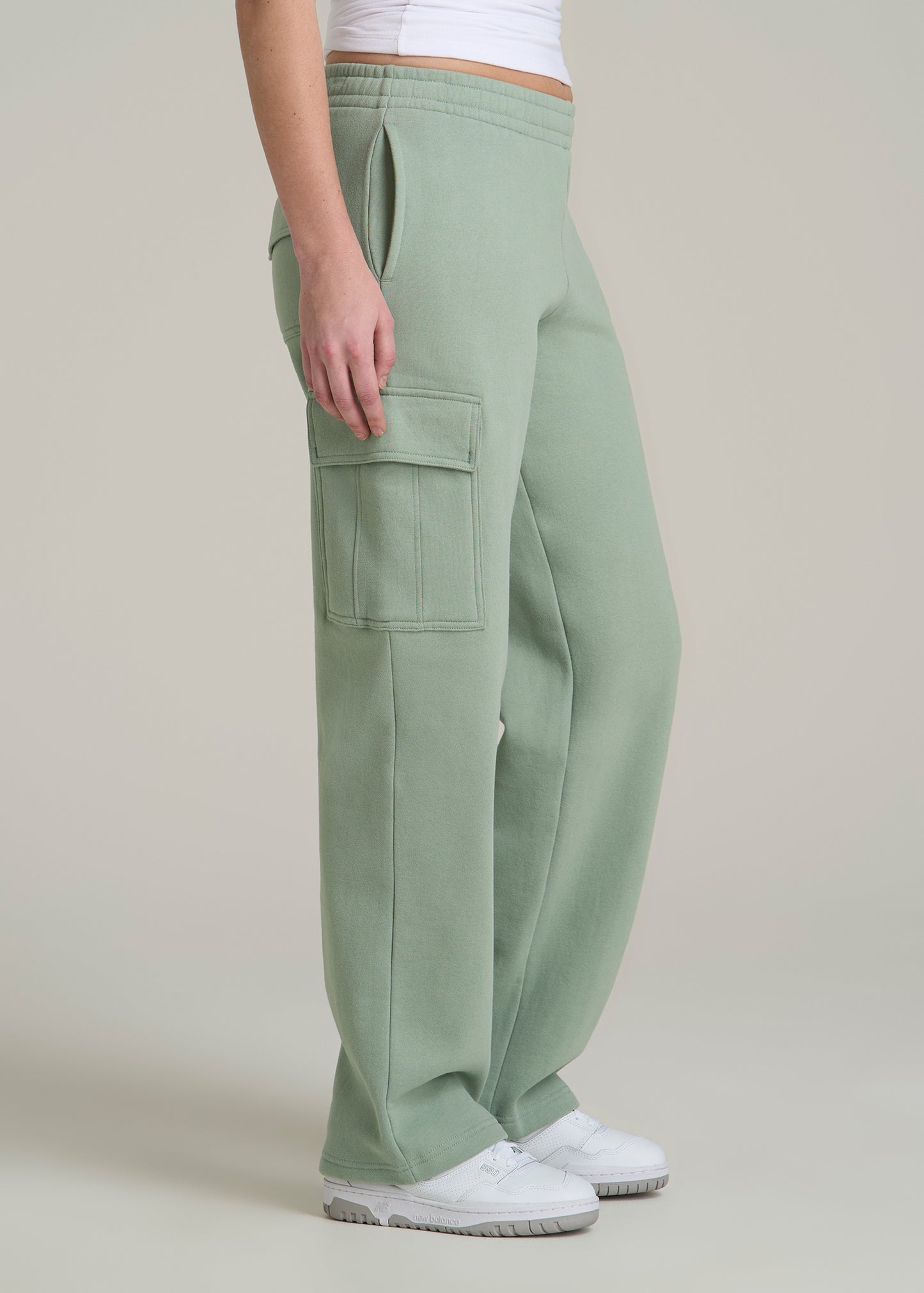 Mid Rise Cargo Fleece Sweatpants for Tall Women in Seagrass