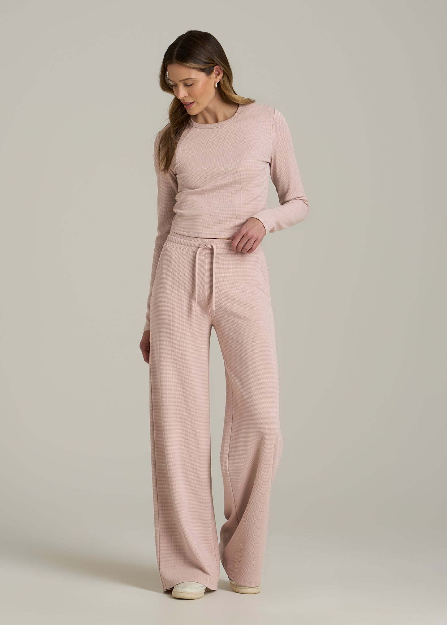 Mid-Rise Waffle Wide-Leg Pants for Tall Women in Desert Rose