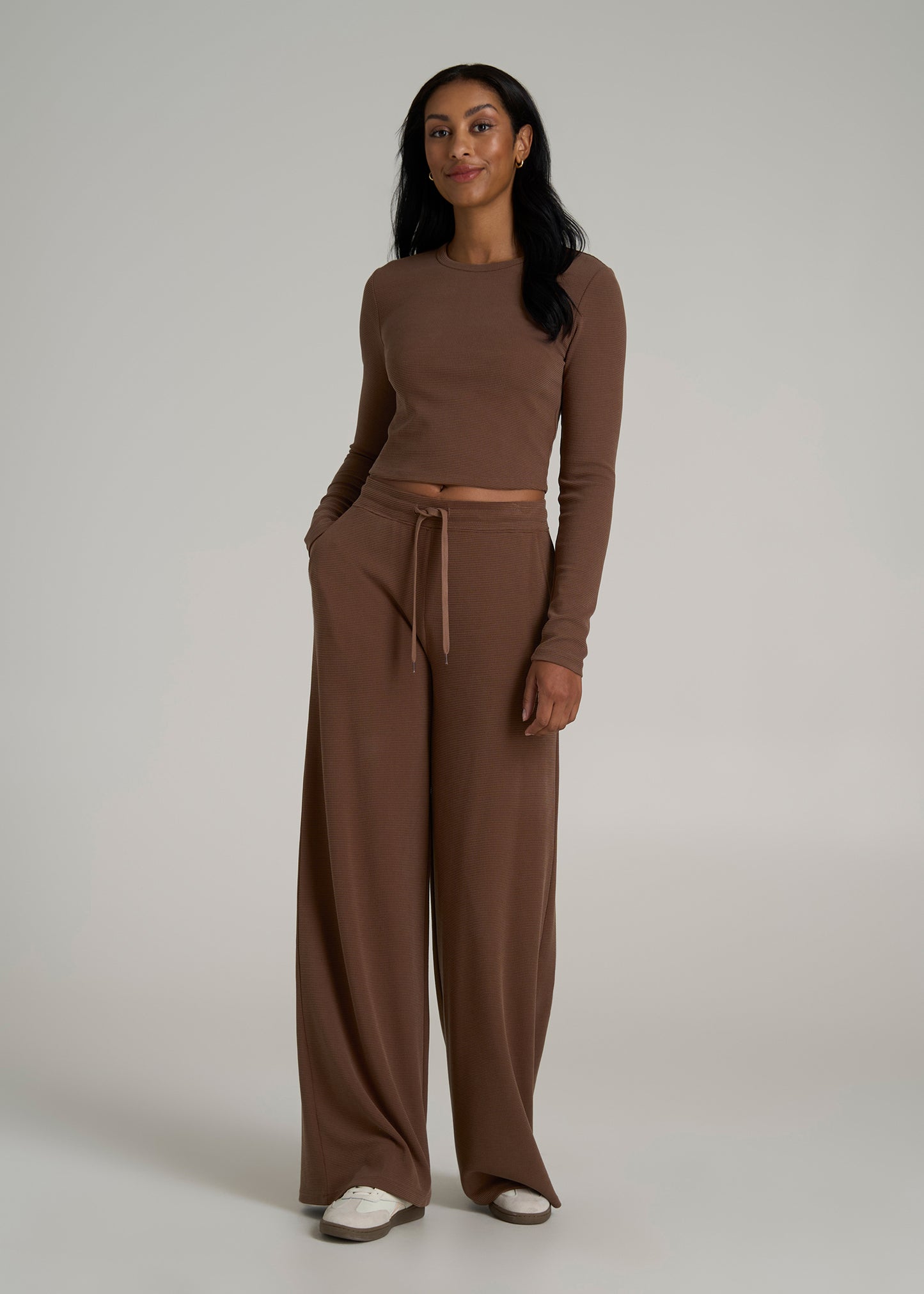 Mid-Rise Waffle Wide-Leg Pants for Tall Women in Otter Brown