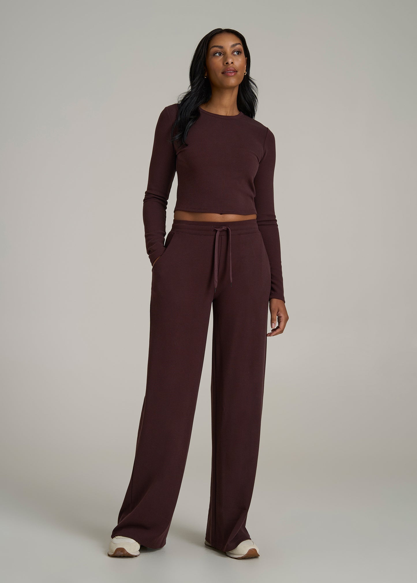 Mid-Rise Waffle Wide-Leg Pants for Tall Women in Oxblood