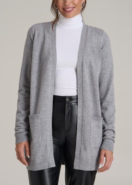 Open-Front Long Cardigan Sweater for Tall Women in Ash Grey Mix