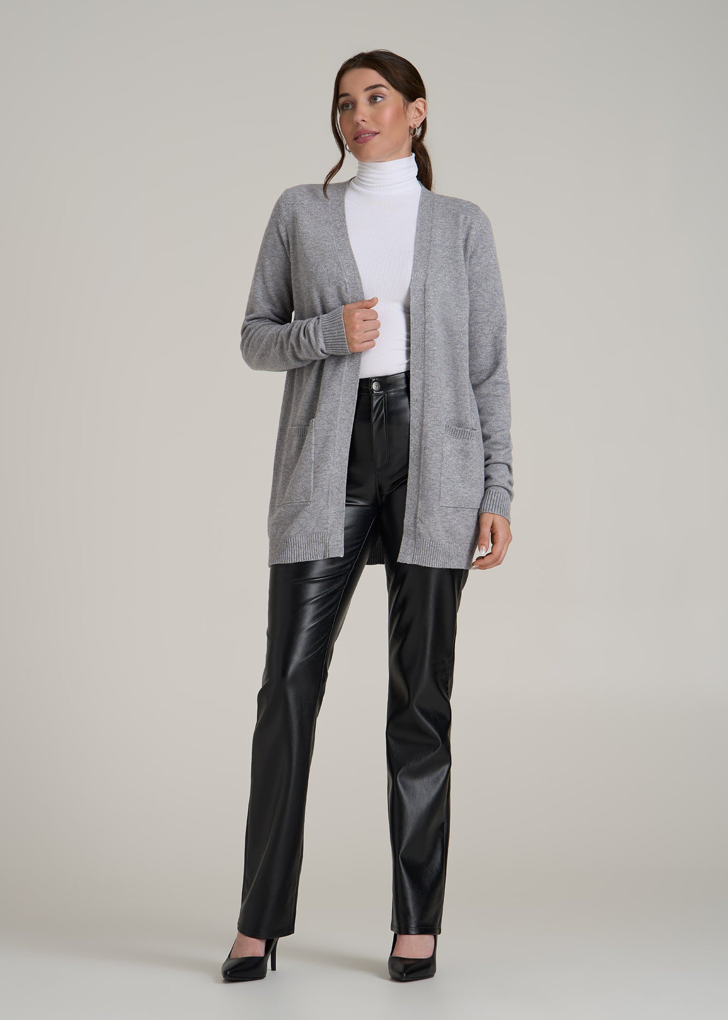 Open-Front Long Cardigan Sweater for Tall Women in Ash Grey Mix