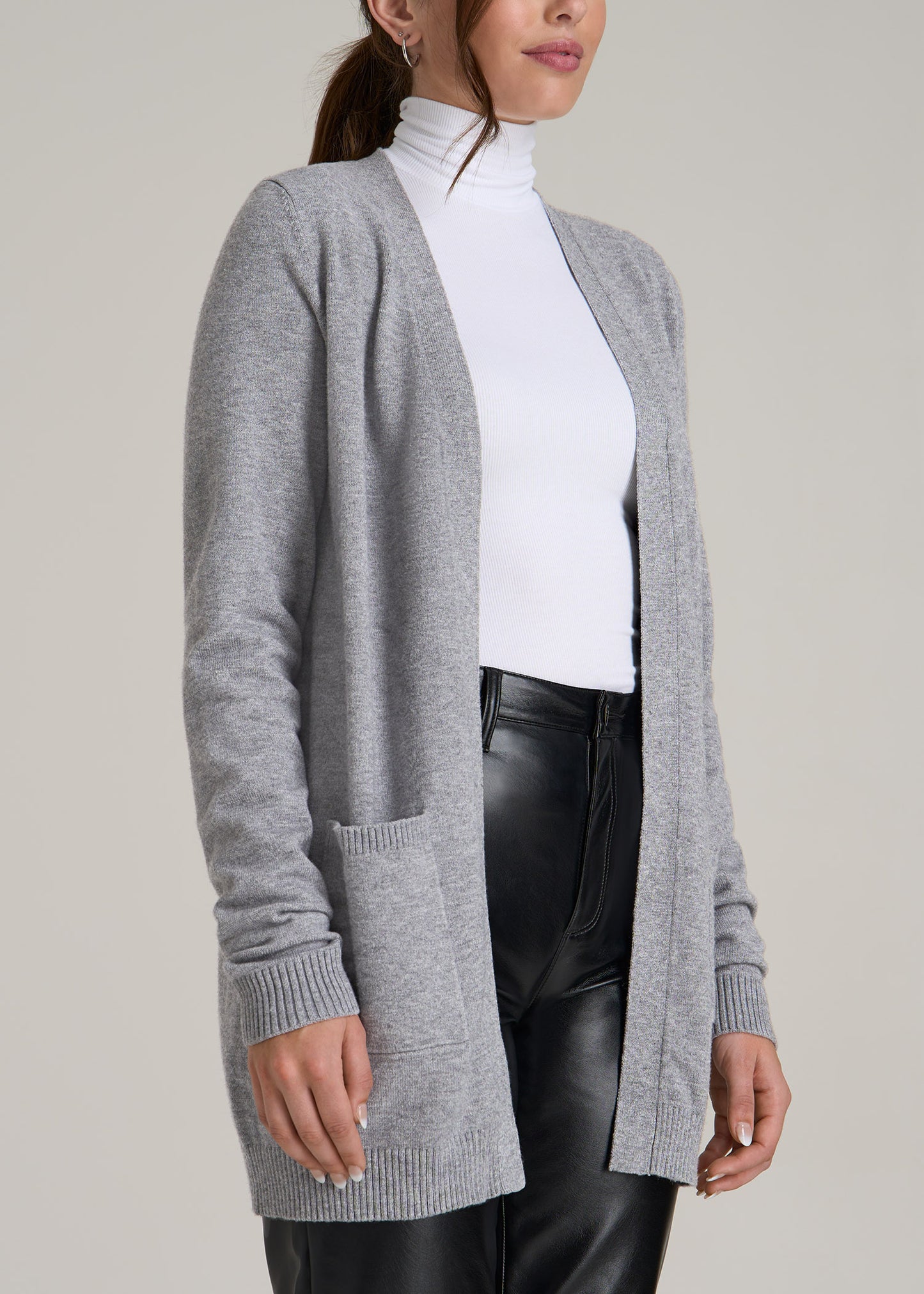 Open-Front Long Cardigan Sweater for Tall Women in Ash Grey Mix