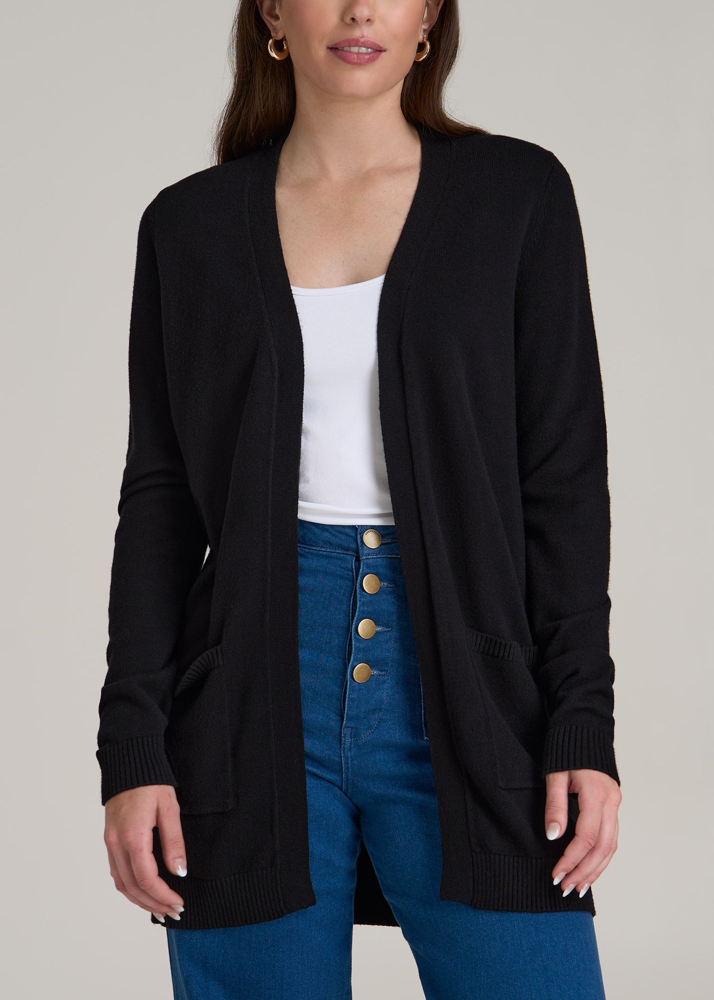 Open-Front Long Cardigan Sweater for Tall Women in Black