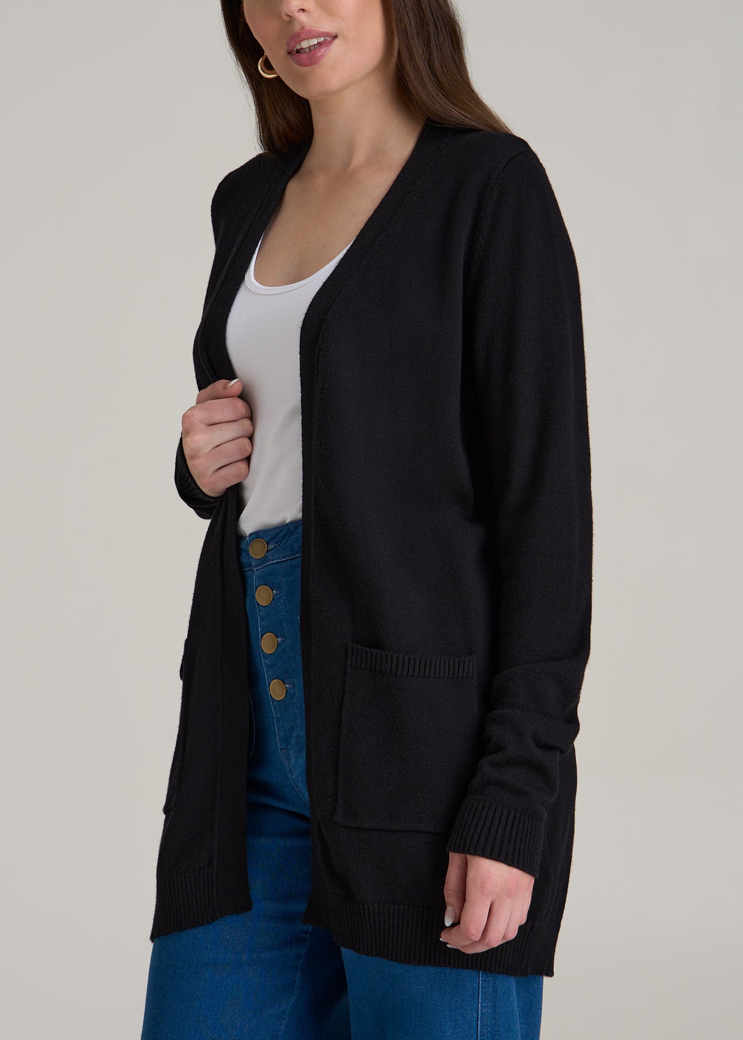 Open-Front Long Cardigan Sweater for Tall Women in Black