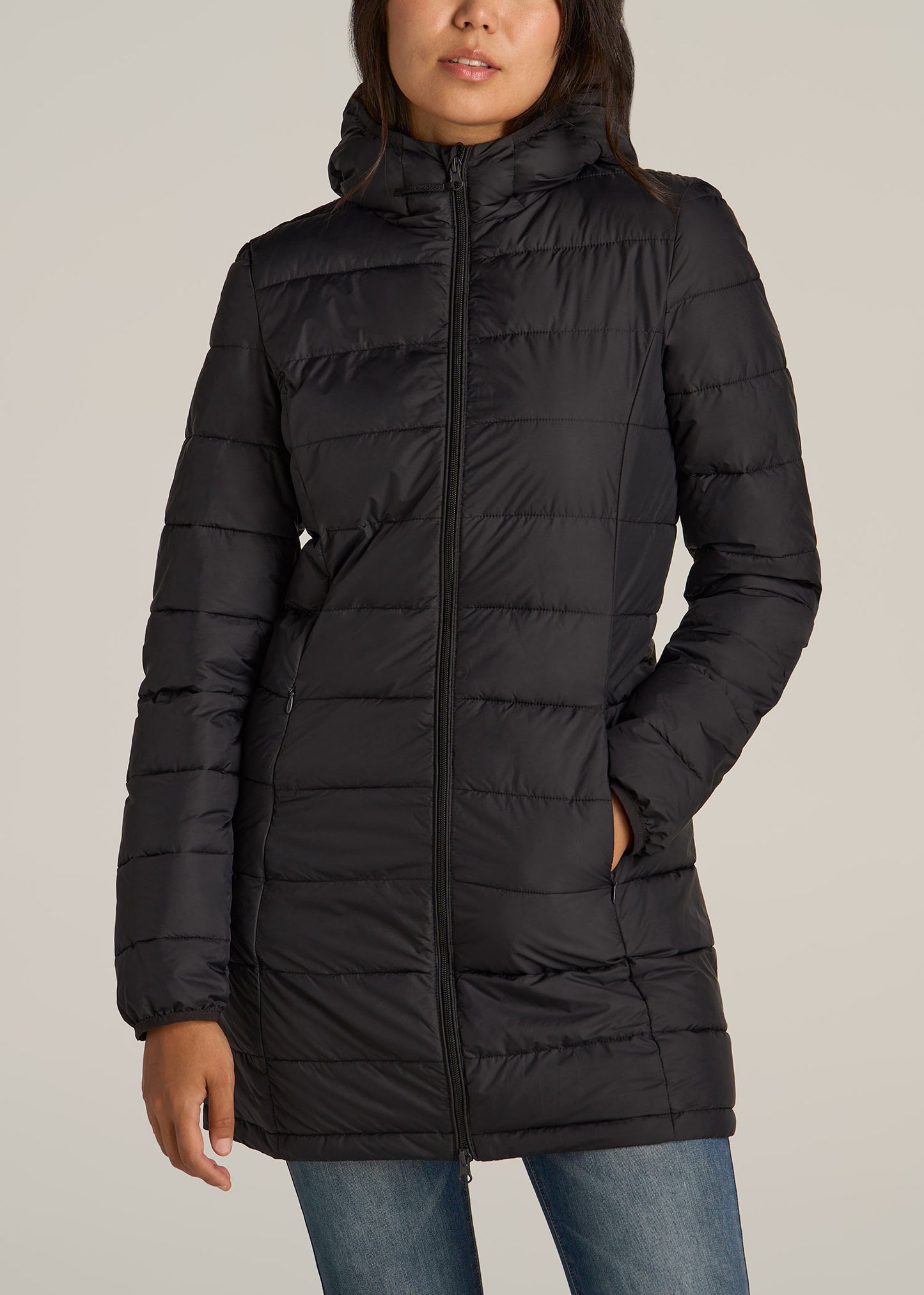 Packable Puffer Jacket for Tall Women in Black