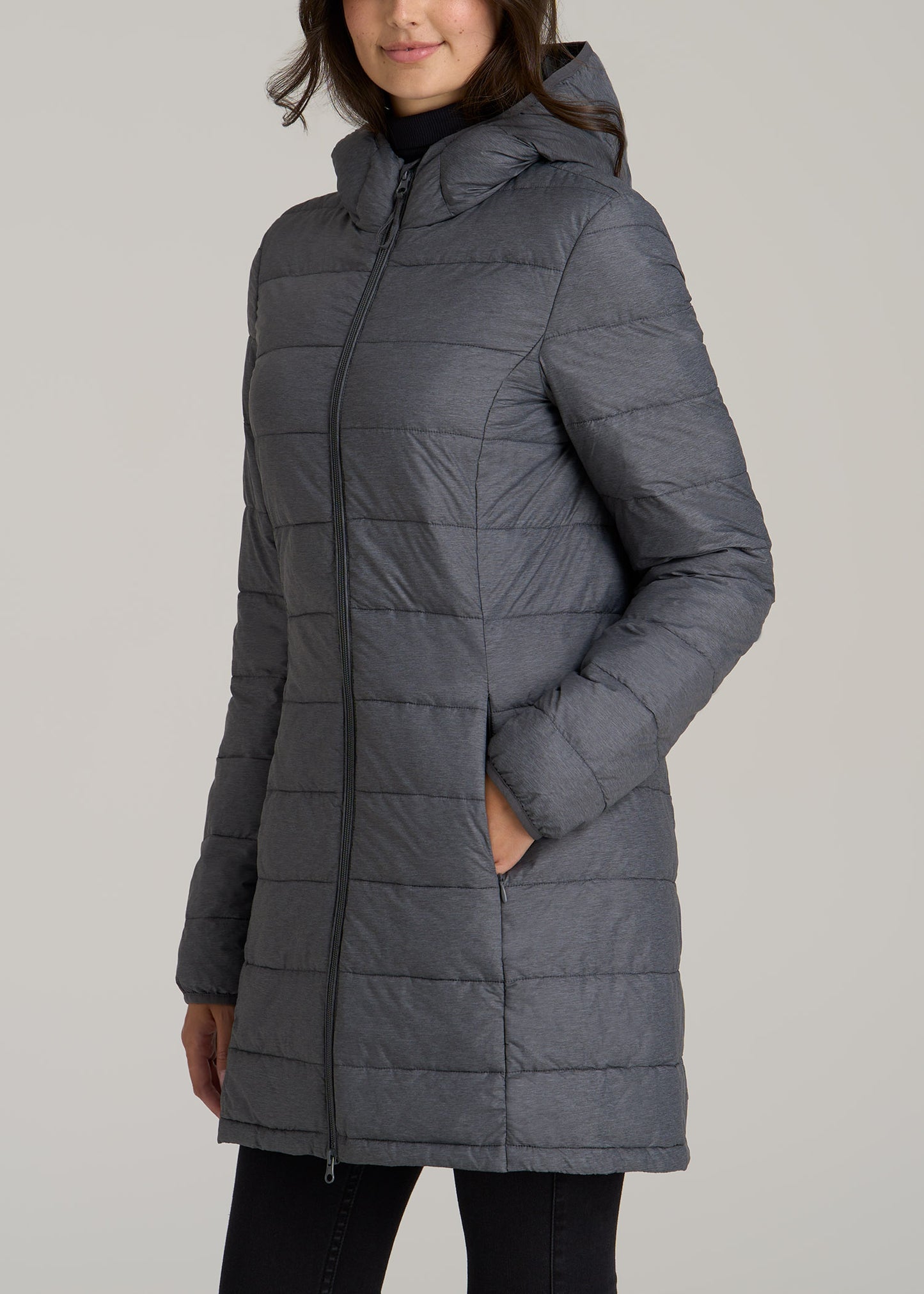 Packable Puffer Jacket for Tall Women in Charcoal Space Dye