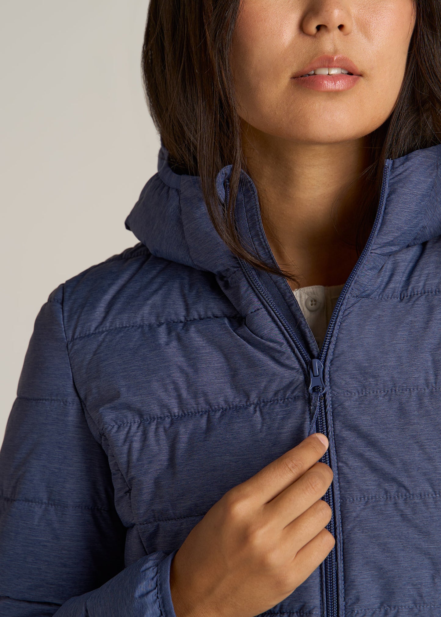 Packable Puffer Jacket for Tall Women in Blue Space Dye