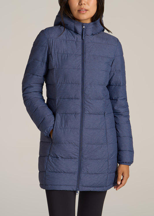 Packable Puffer Jacket for Tall Women in Blue Space Dye