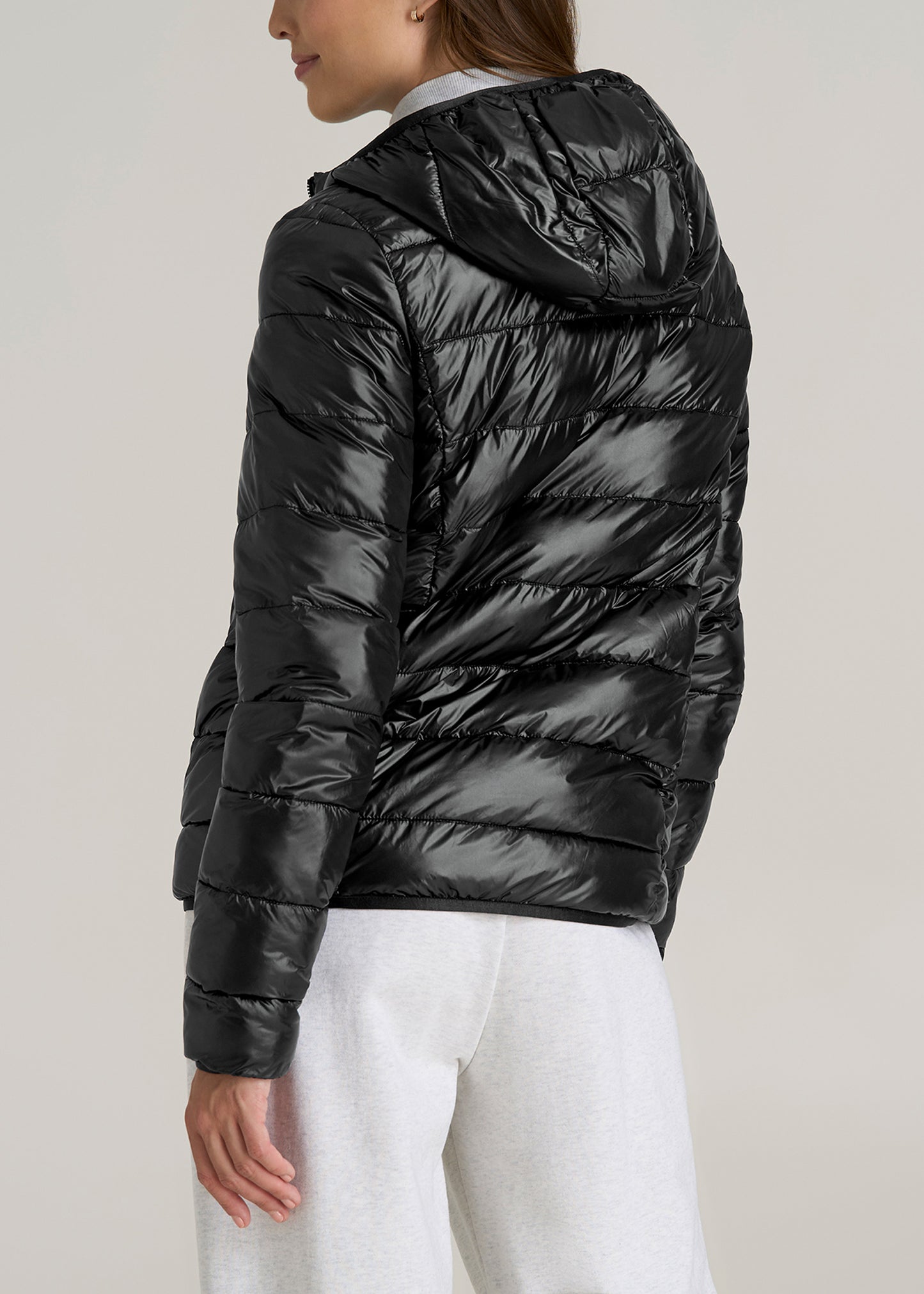 Packable Short Puffer Jacket for Tall Women in Glossy Black