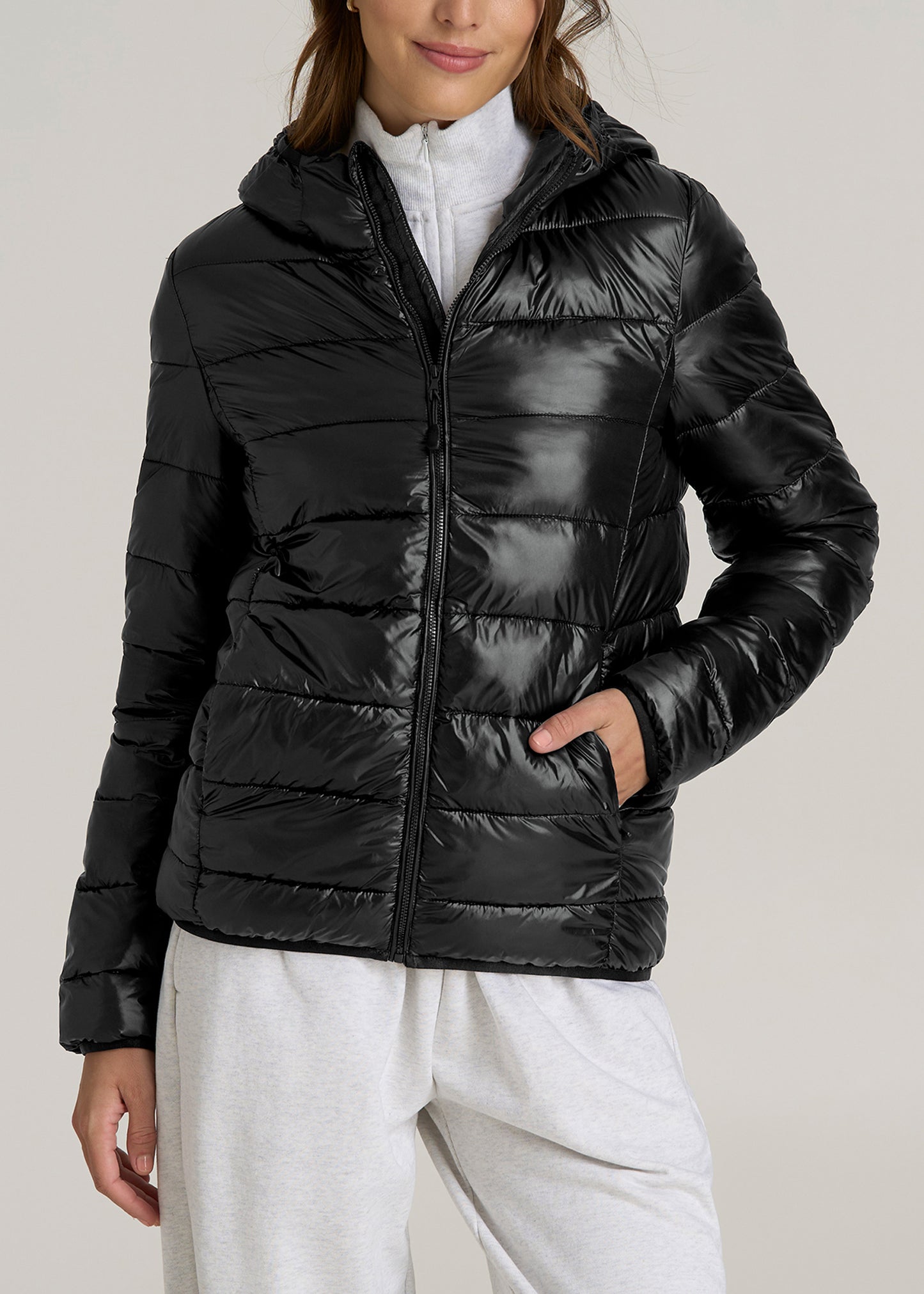 Packable Short Puffer Jacket for Tall Women in Glossy Black