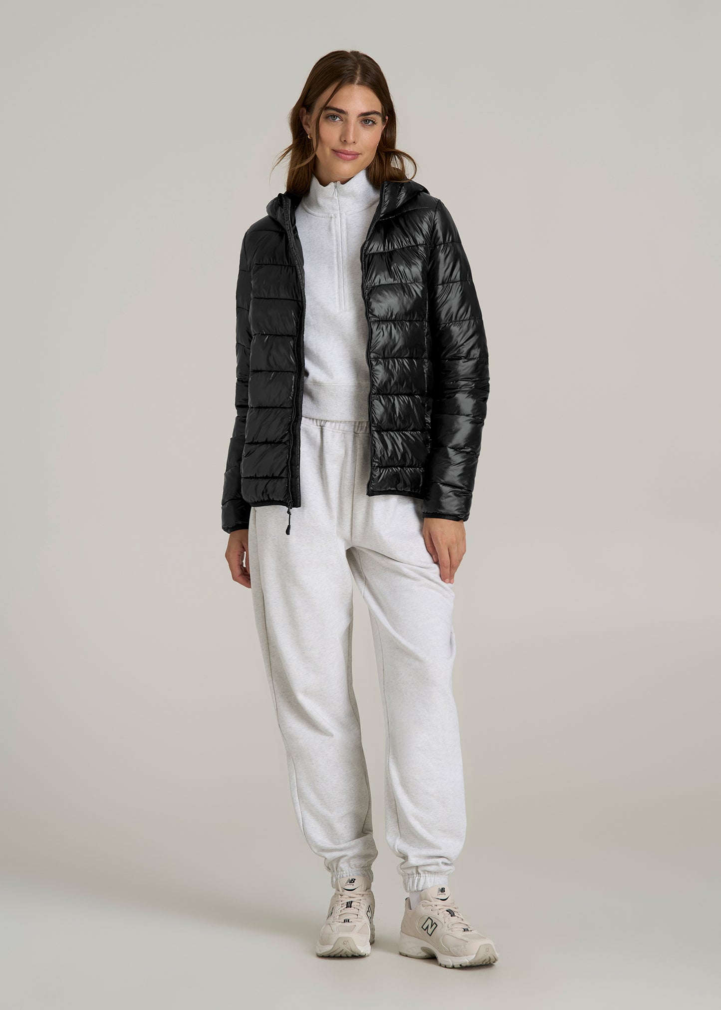 Packable Short Puffer Jacket for Tall Women in Glossy Black