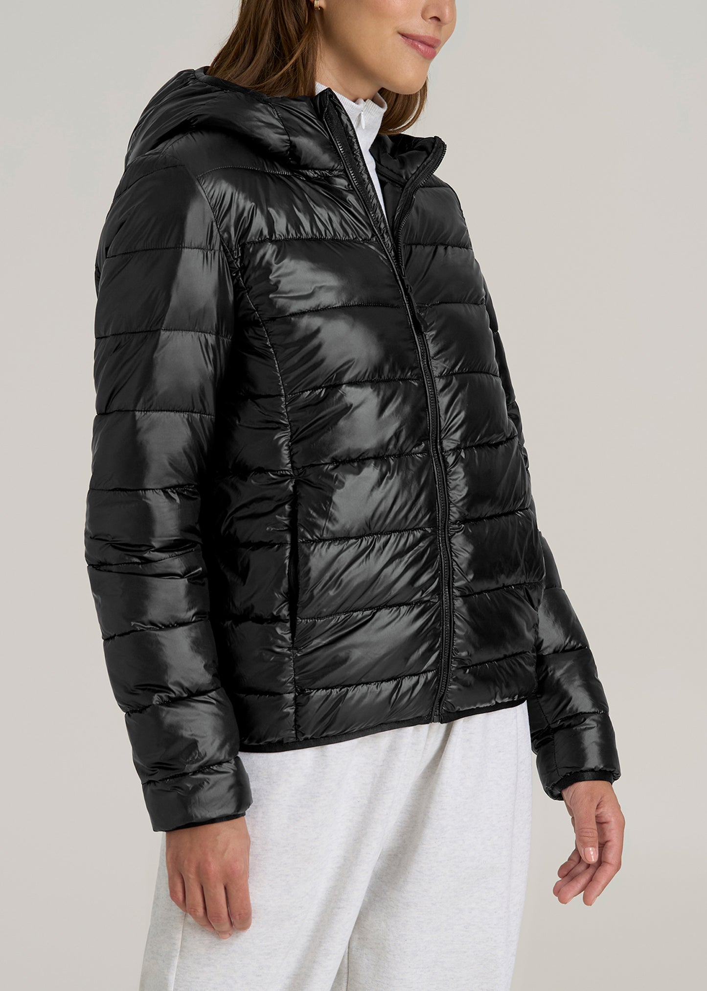 Packable Short Puffer Jacket for Tall Women in Glossy Black