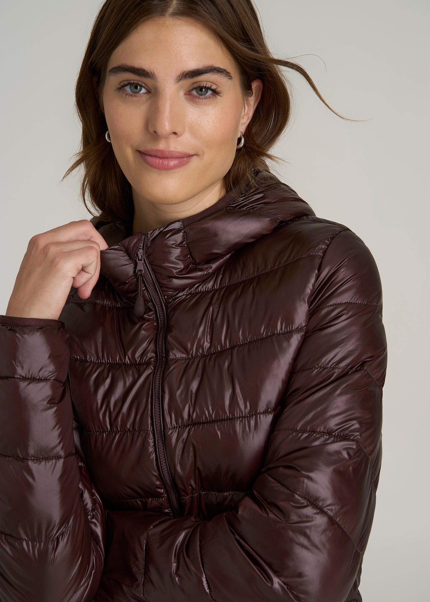 Packable Short Puffer Jacket for Tall Women in Oxblood