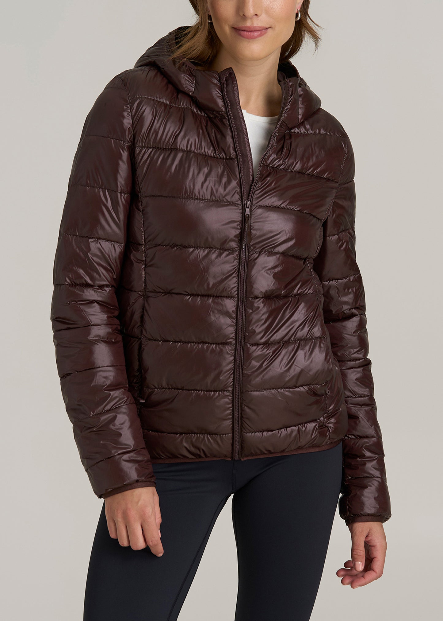 Packable Short Puffer Jacket for Tall Women in Oxblood