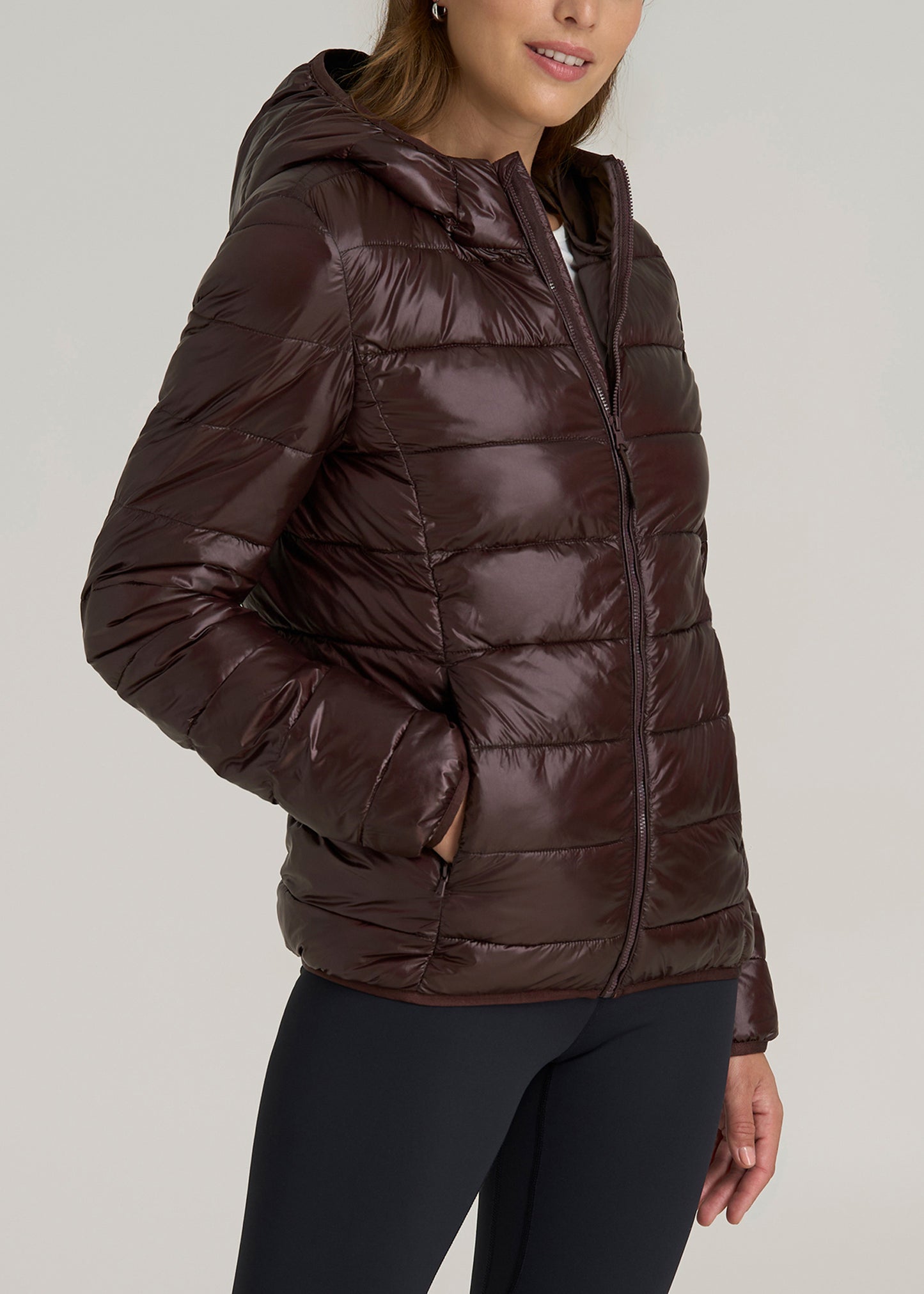 Packable Short Puffer Jacket for Tall Women in Oxblood