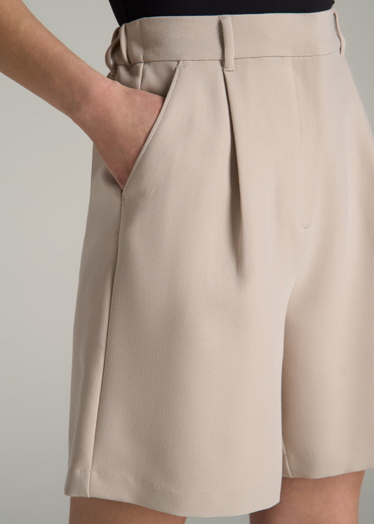 Pleated Tailored Shorts for Tall Women in Light Taupe