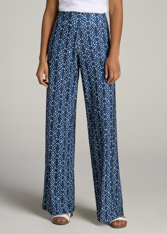 Pull On Breezy Wide Leg Pants for Tall Women in Indigo Tribal Print