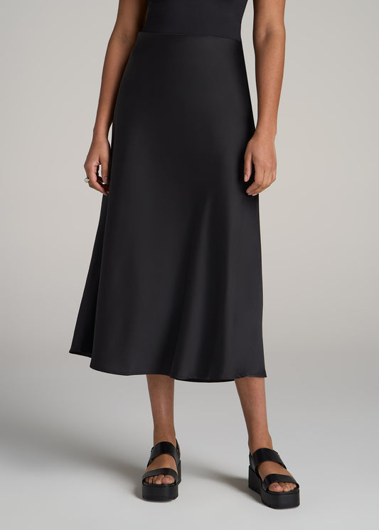 Pull-On Satin Midi Skirt for Tall Women in Black