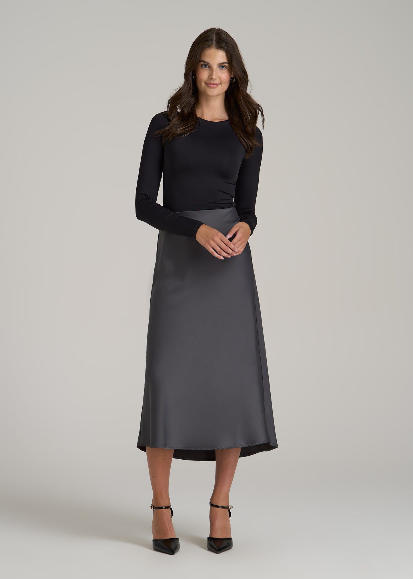 Pull-On Satin Midi Skirt for Tall Women in Charcoal