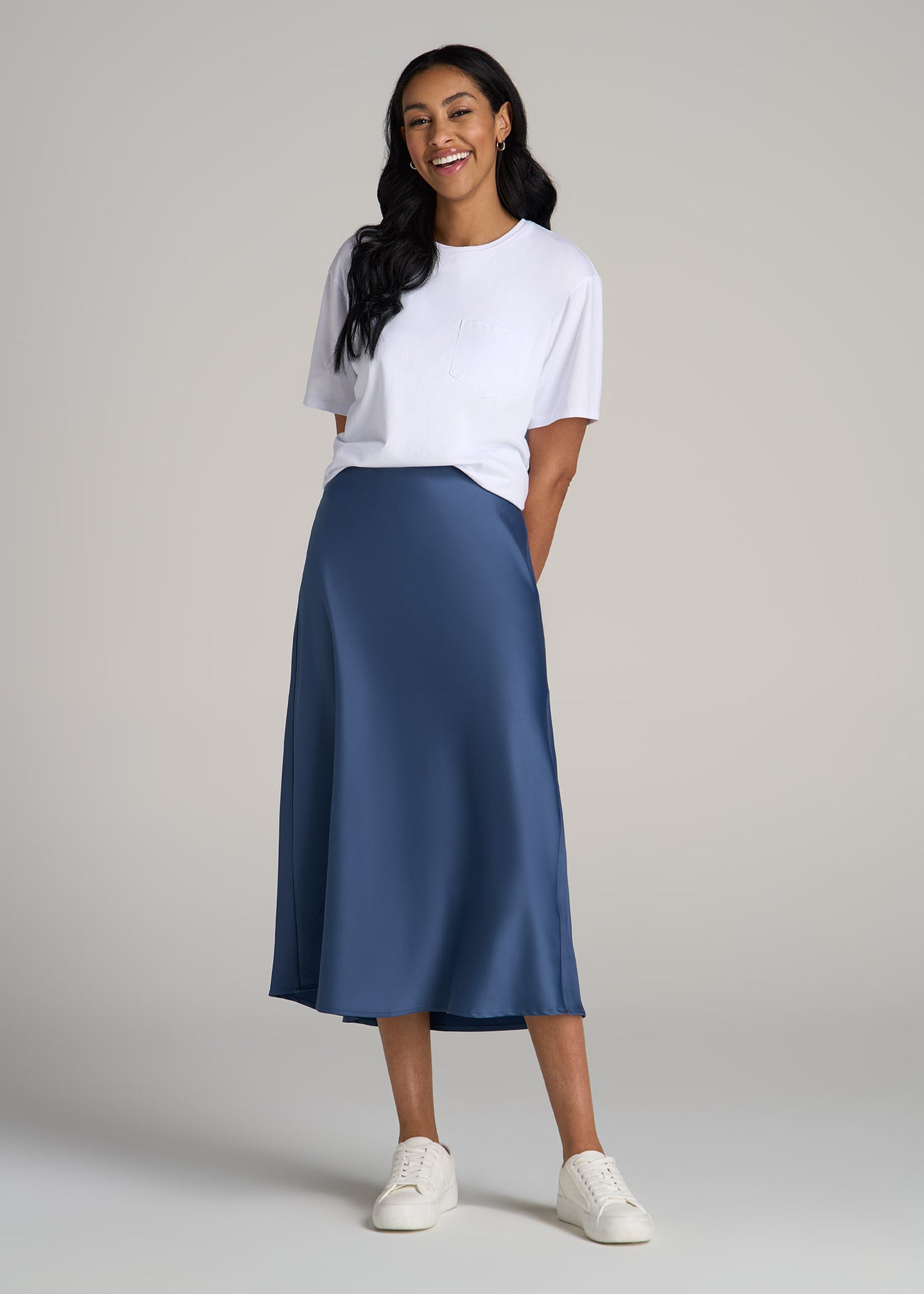 Pull-On Satin Midi Skirt for Tall Women in Steel Blue