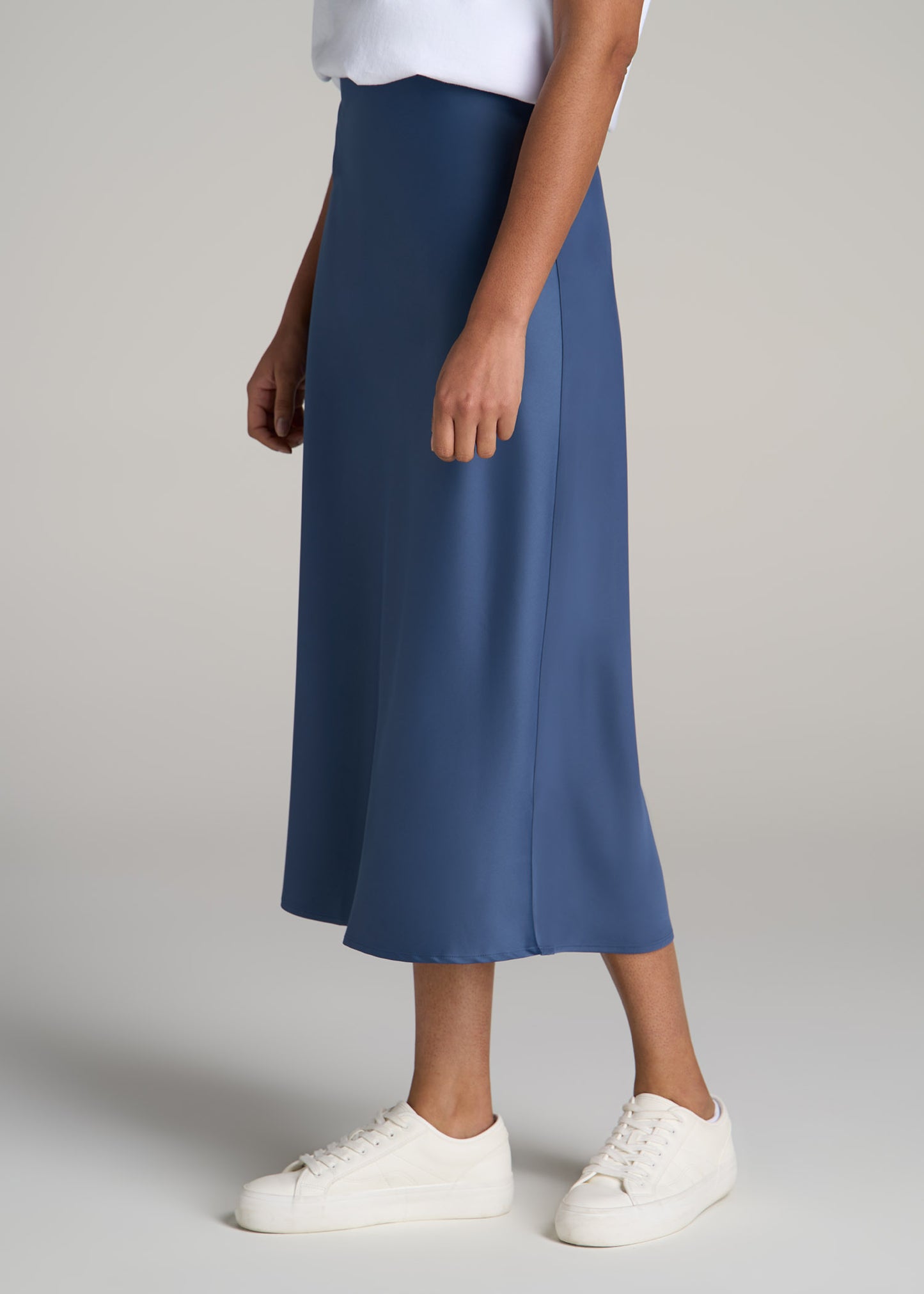 Pull-On Satin Midi Skirt for Tall Women in Steel Blue