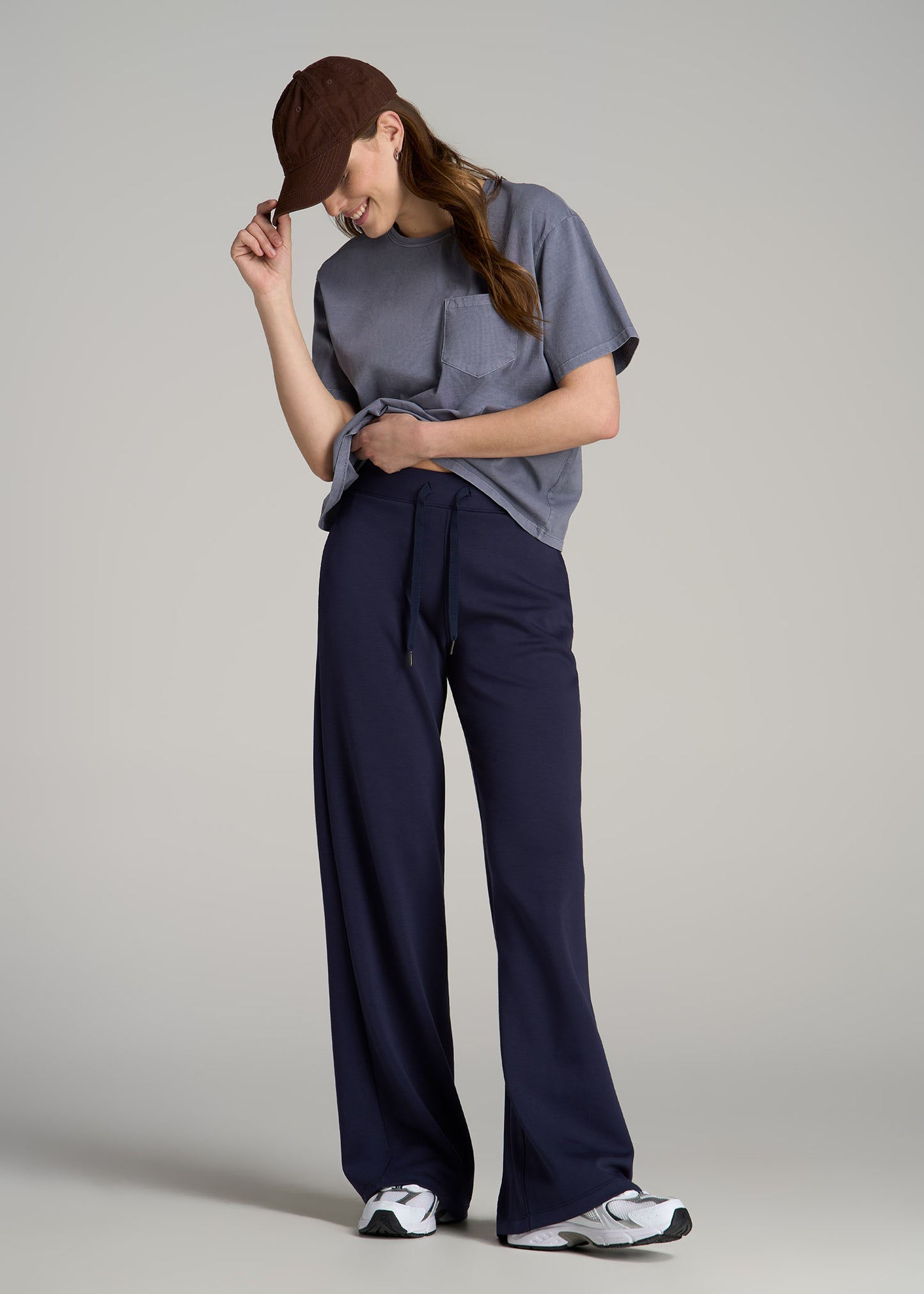 Pull-On Tie Waist Wide Leg Pants for Tall Women in Navy