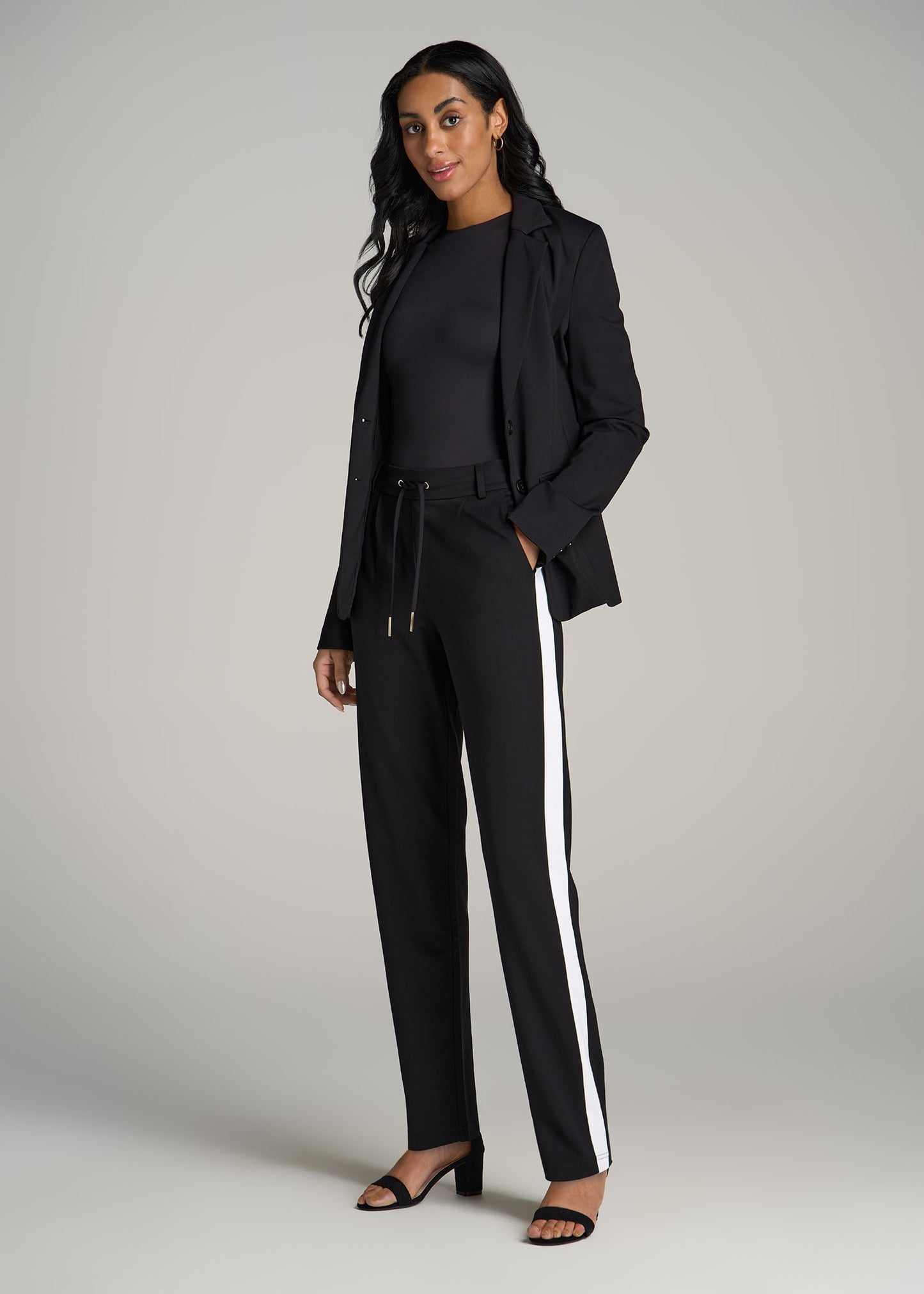 Pull On Tuxedo Stripe Pants for Tall Women in Black and White