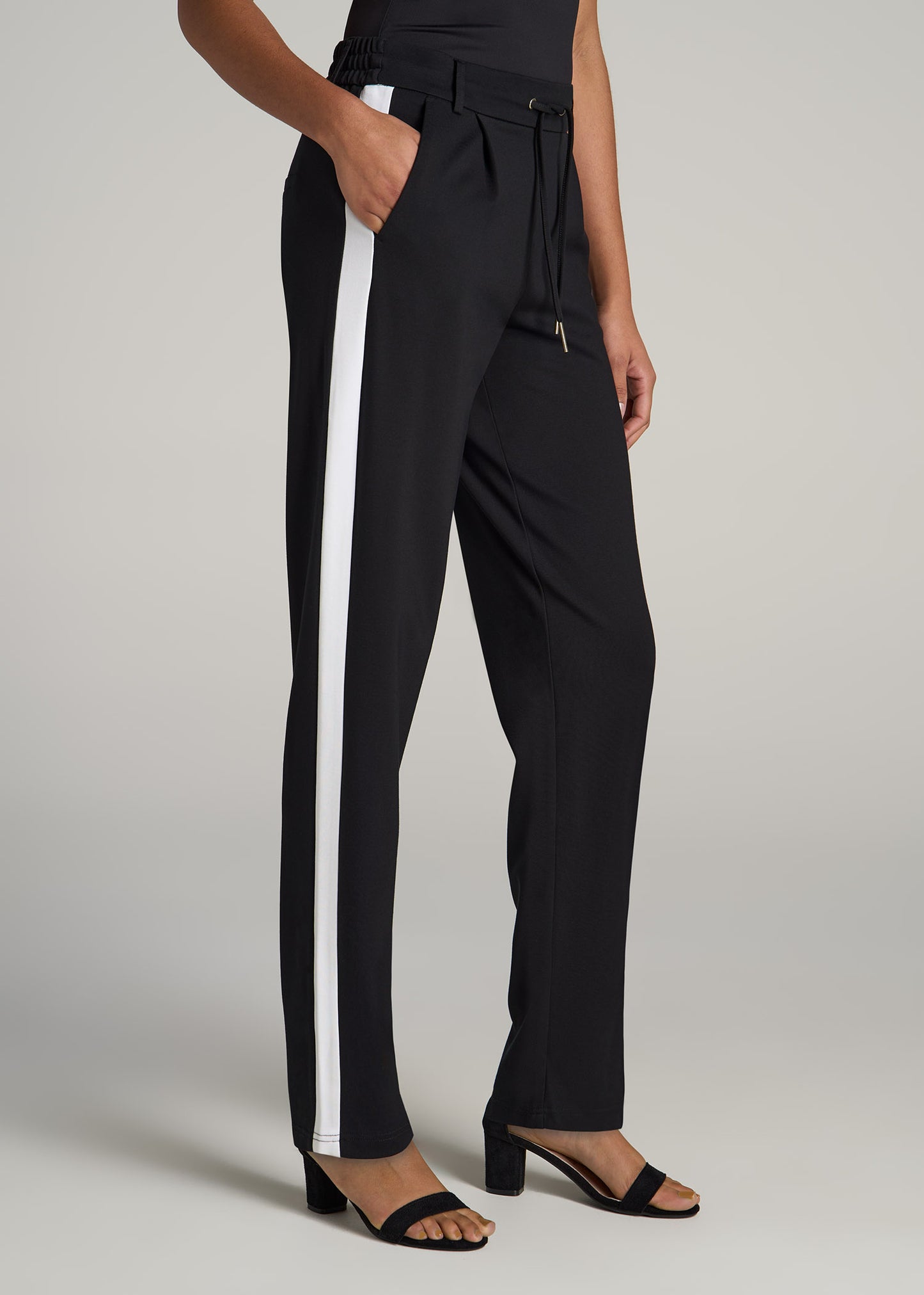 Pull On Tuxedo Stripe Pants for Tall Women in Black and White