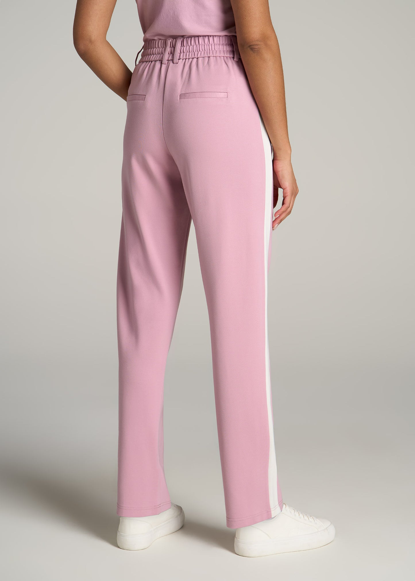 Pull On Tuxedo Stripe Pants for Tall Women in Pink Peony and White Alyssum