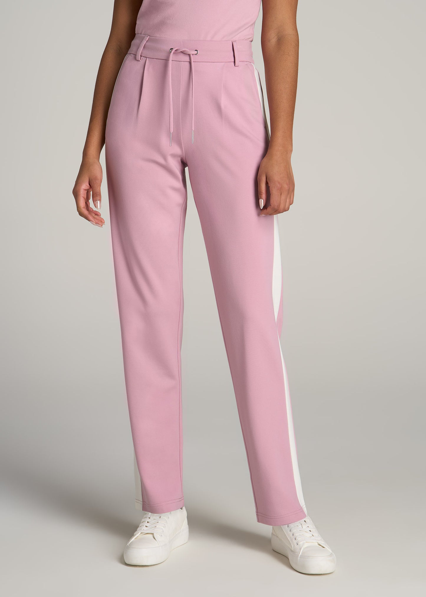 Pull On Tuxedo Stripe Pants for Tall Women in Pink Peony and White Alyssum