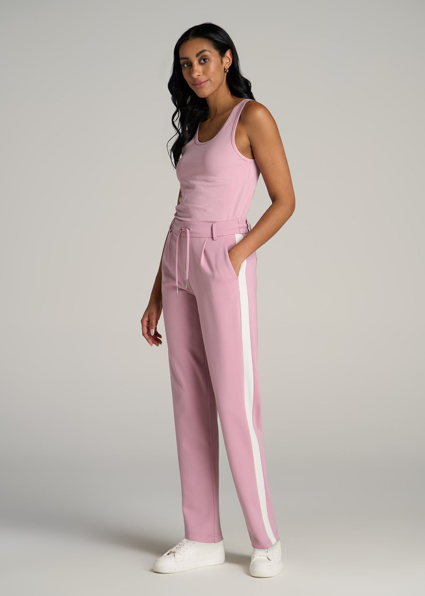 Pull On Tuxedo Stripe Pants for Tall Women in Pink Peony and White Alyssum