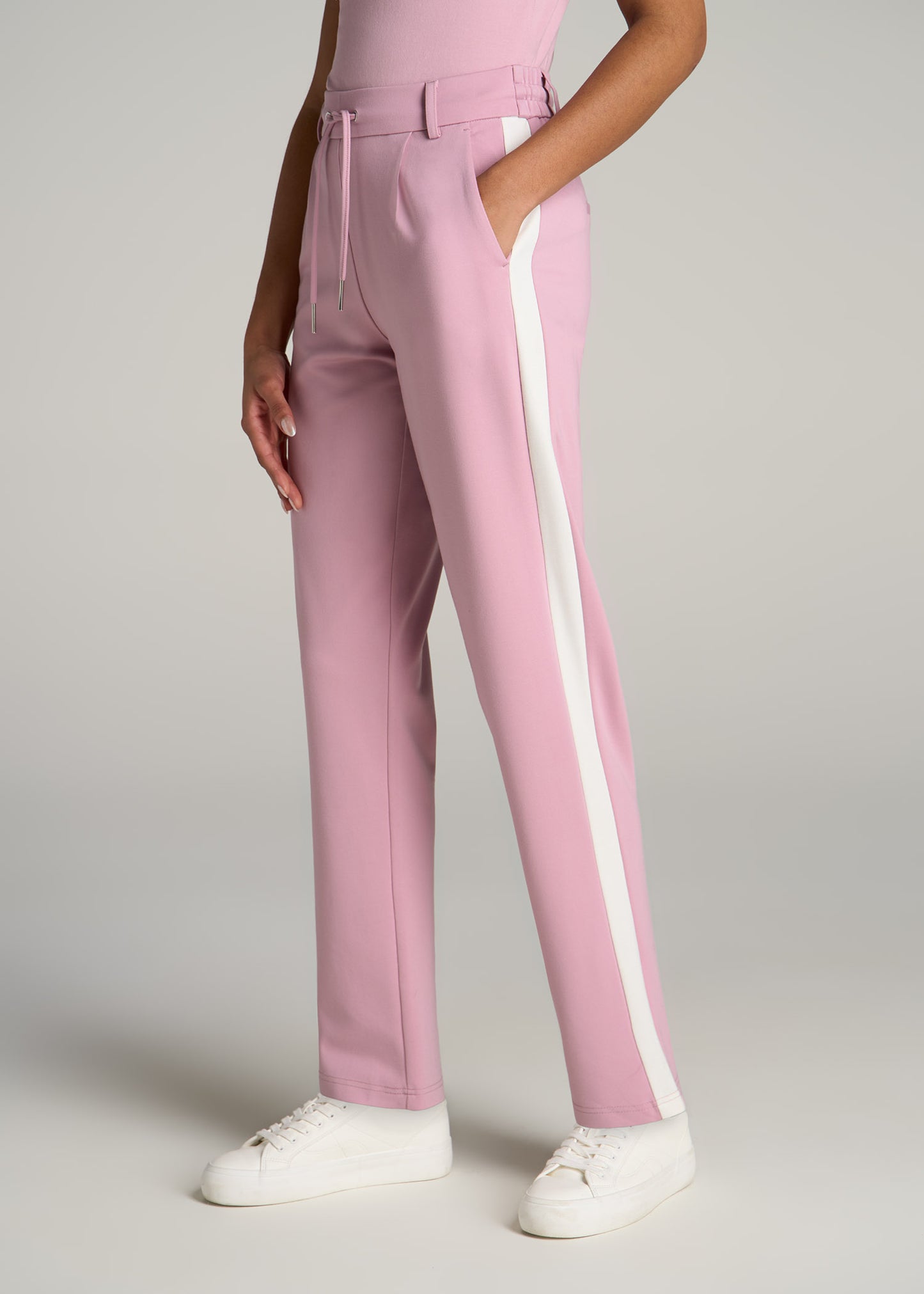 Pull On Tuxedo Stripe Pants for Tall Women in Pink Peony and White Alyssum