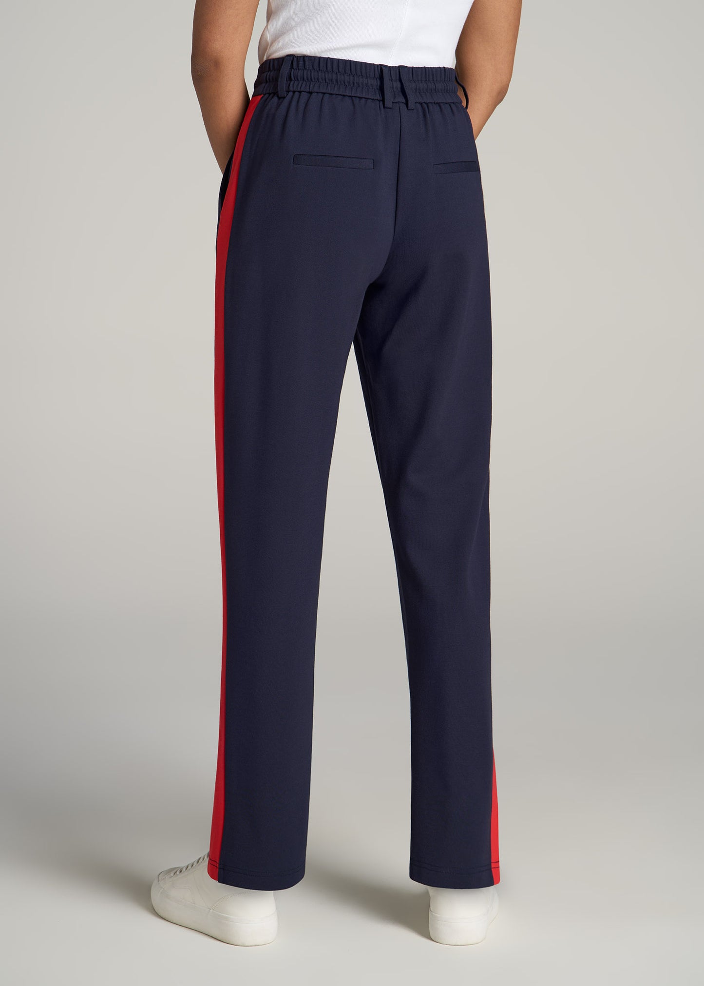 Pull On Tuxedo Stripe Pants for Tall Women in True Navy and Radiant Red