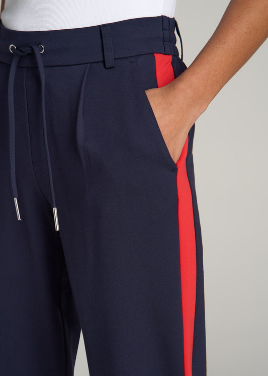 Pull On Tuxedo Stripe Pants for Tall Women in True Navy and Radiant Red