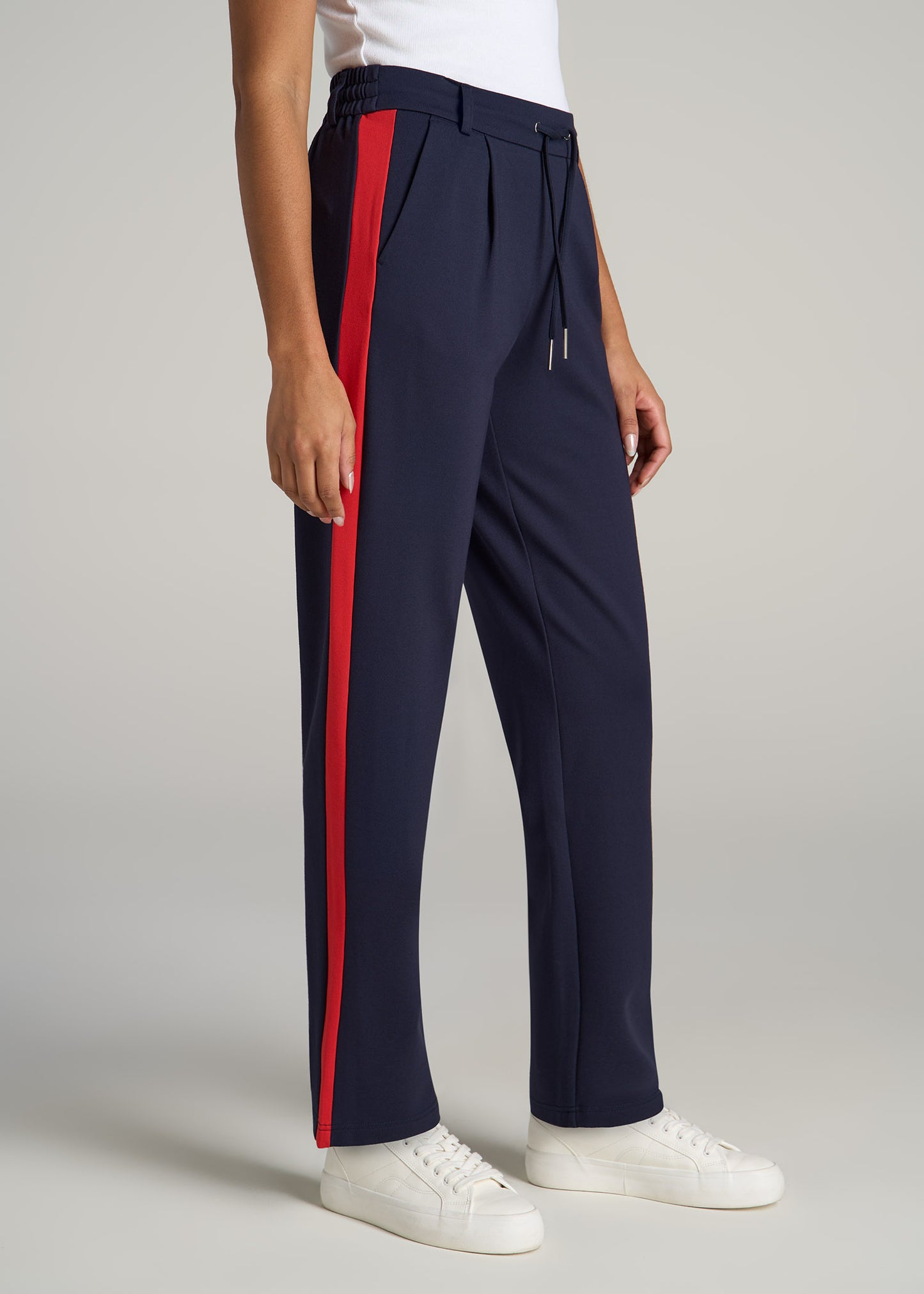 Pull On Tuxedo Stripe Pants for Tall Women in True Navy and Radiant Red