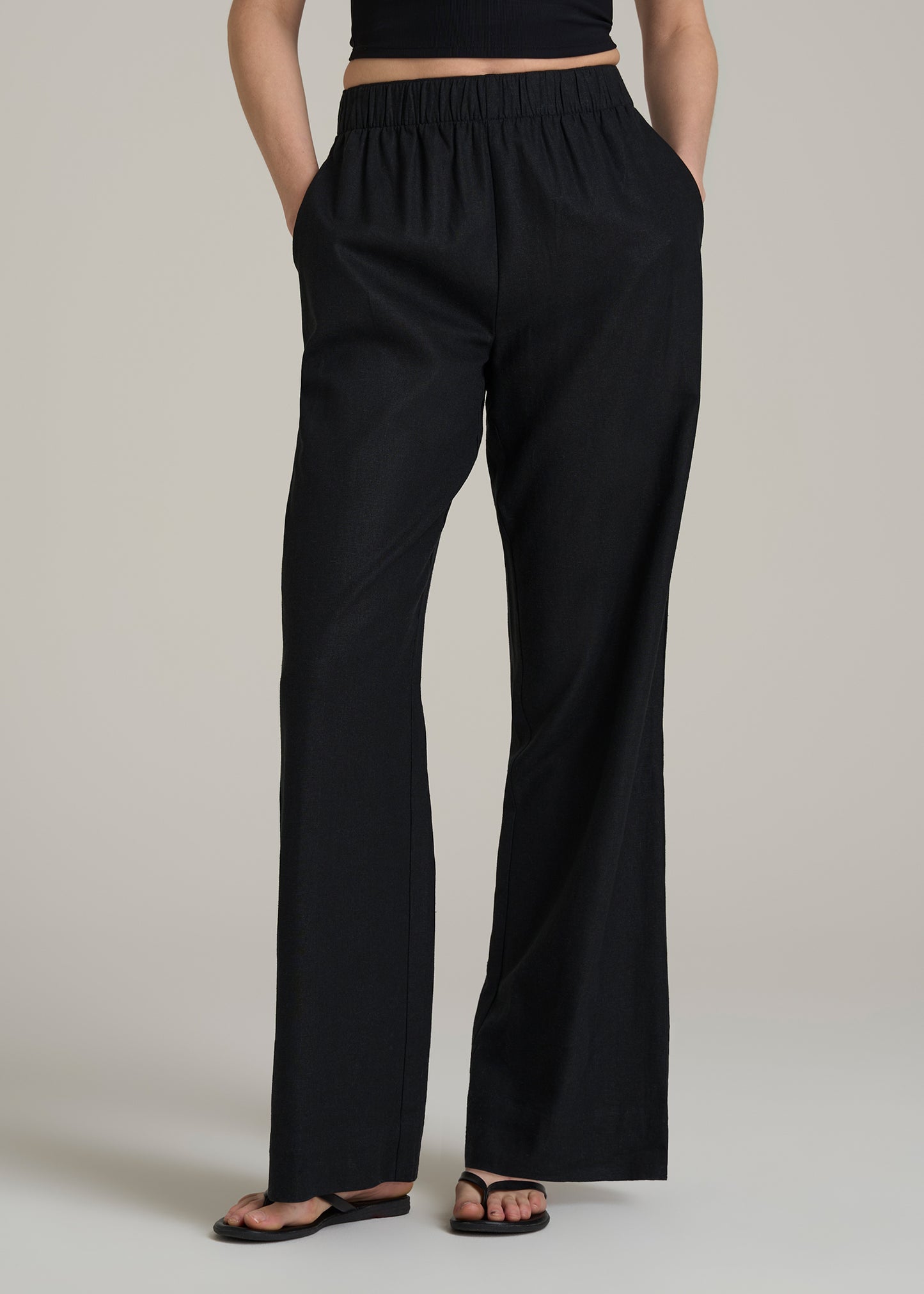 Pull On Wide Leg Linen Pants for Tall Women in Black