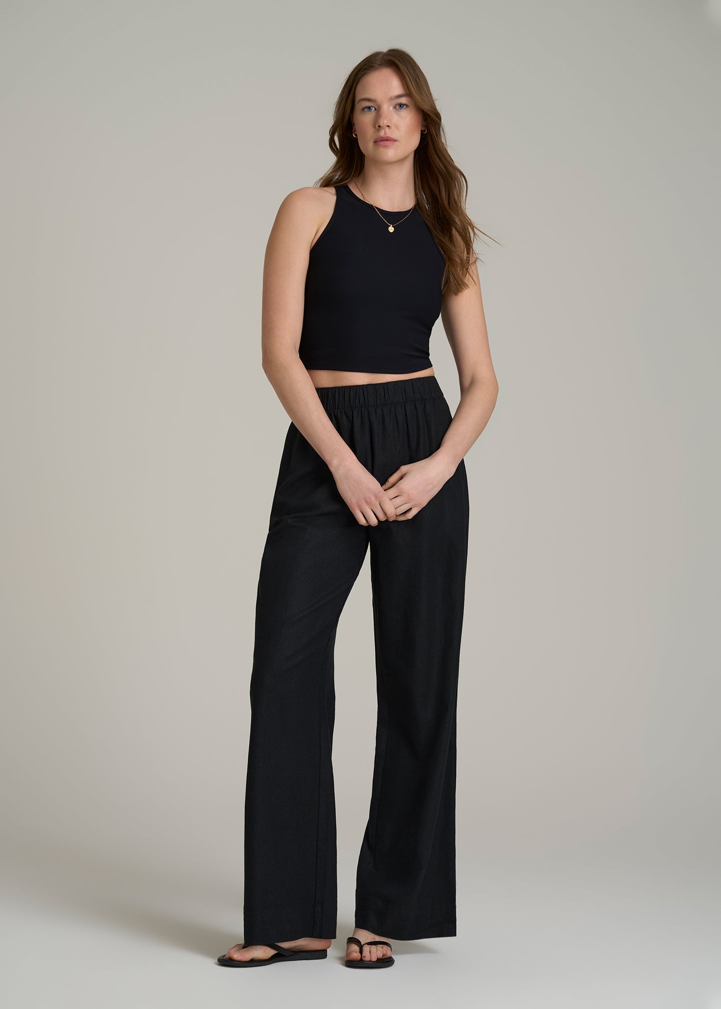 Pull On Wide Leg Linen Pants for Tall Women in Black