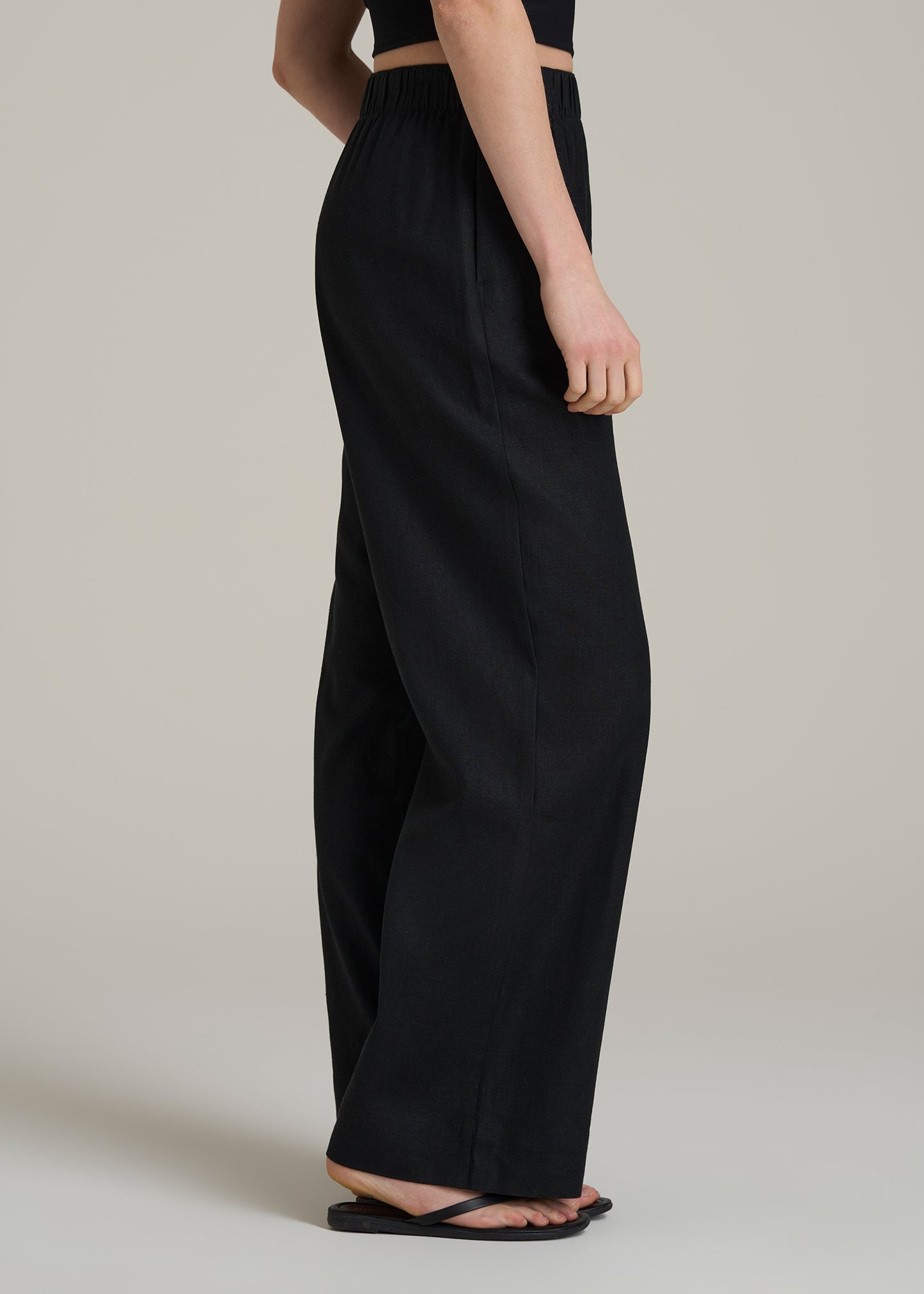 Pull On Wide Leg Linen Pants for Tall Women in Black