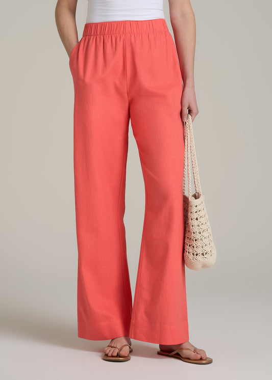 Pull On Wide Leg Linen Pants for Tall Women in Sunset Coral